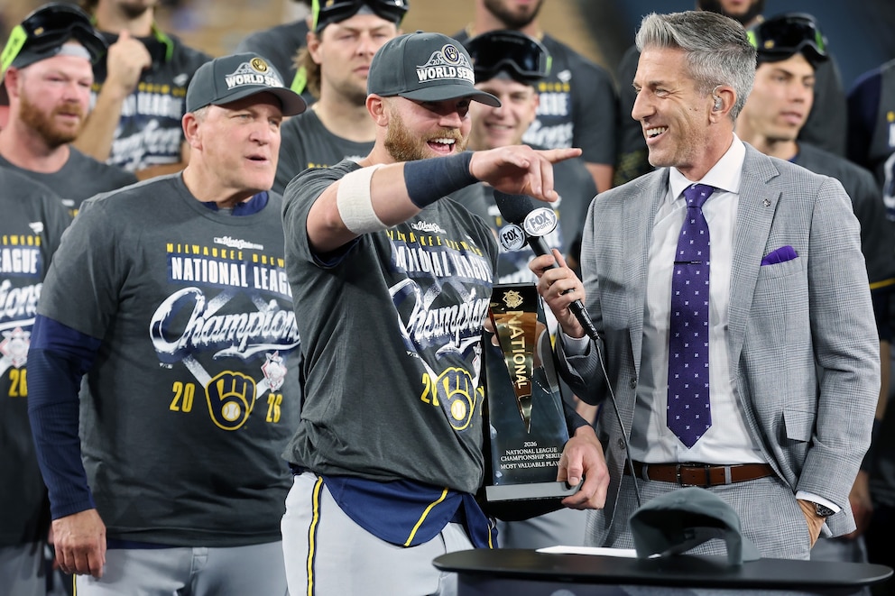 PHOTO: Jake Bauers #9 of the Milwaukee Brewers is interviewed after winning the Most Valuable Player award at Dodger Stadium, Oct. 15, 2026, in Los Angeles.