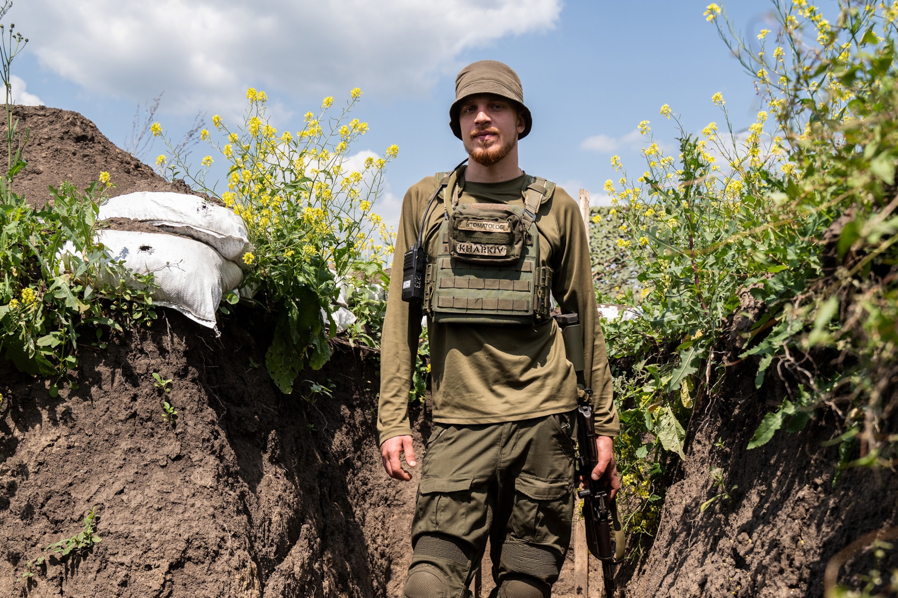 PHOTO: Call sign “Dentist” shows the system of trenches dug by the Ukrainian military on the contact line on June 17, 2023 in Kharkiv Oblast, Ukraine. It is about a kilometer from here to the positions of the Russians.