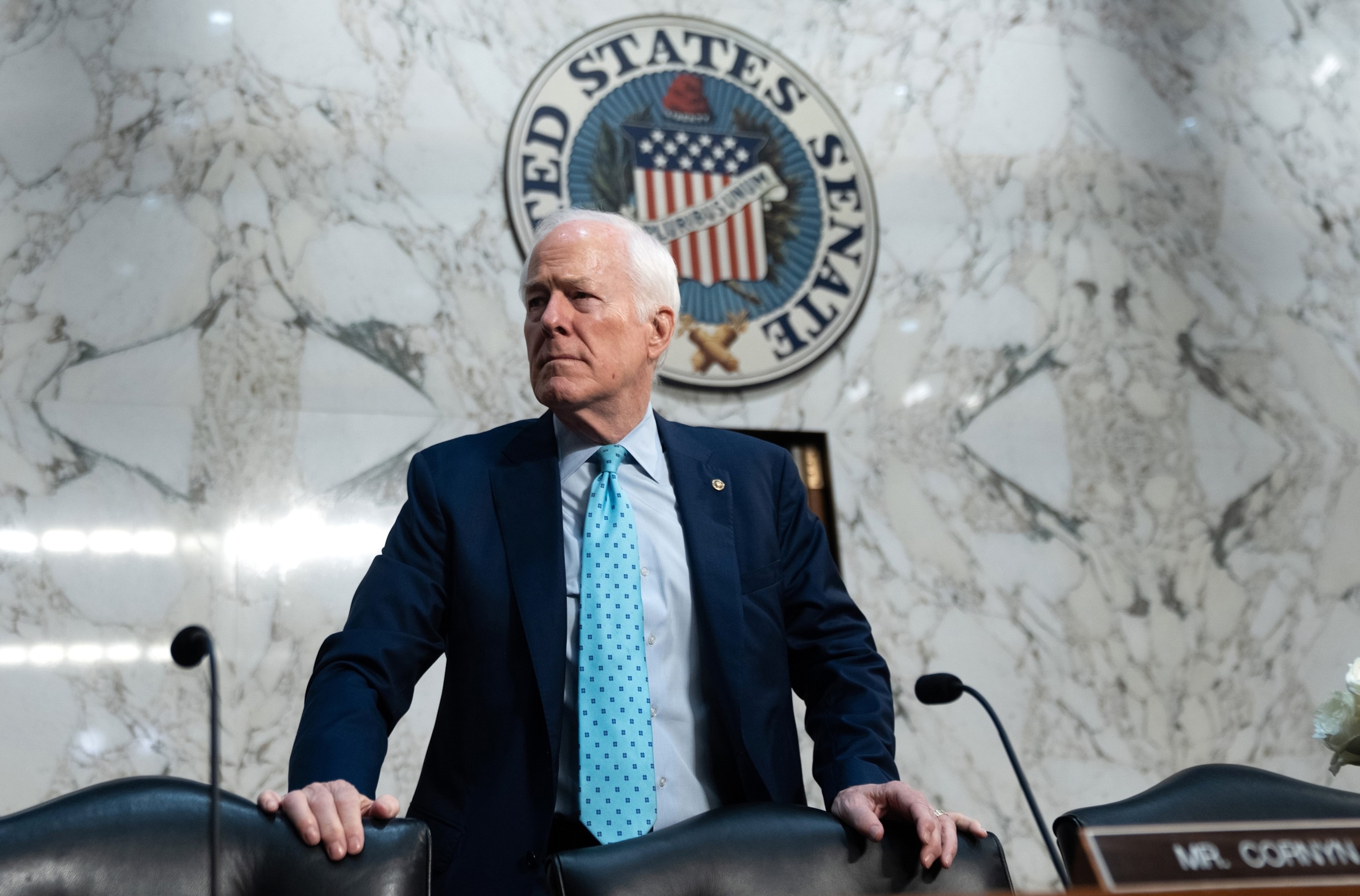 PHOTO: In this July 15, 2026, file photo, Sen. John Cornyn arrives before Acting Attorney General Todd Blanche testifies before the Senate Judiciary Committee on Capitol Hill in Washington,  D.C.