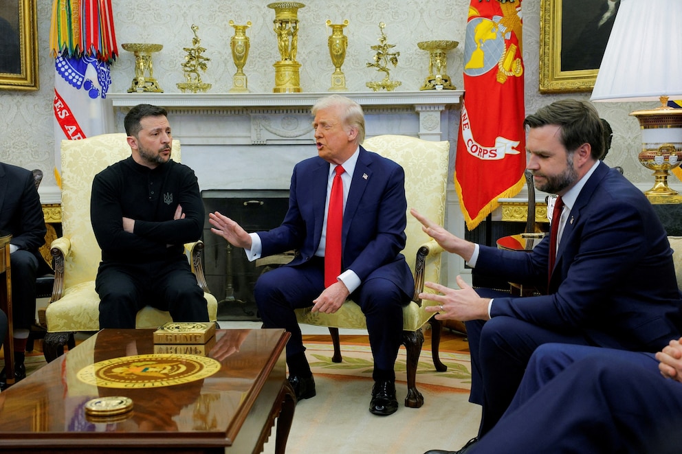 PHOTO: President Donald Trump meets with Ukrainian President Volodymyr Zelenskyy as Vice President JD Vance reacts at the White House in Washington, D.C.,  Feb. 28, 2025. 