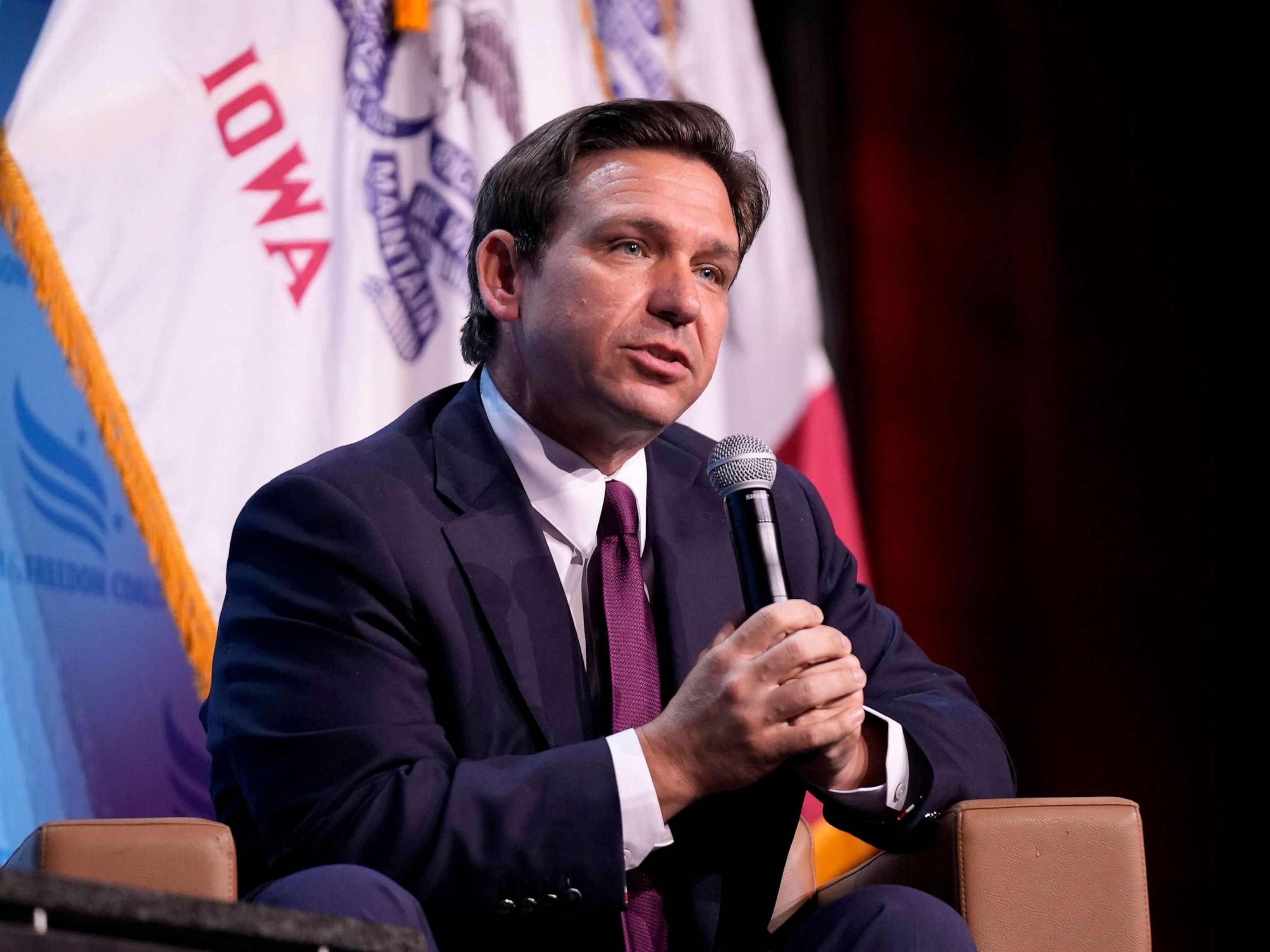 PHOTO: Republican presidential candidate Florida Gov. Ron DeSantis speaks at the Iowa Faith & Freedom Coalition's fall banquet, Sept. 16, 2023, in Des Moines, Iowa.