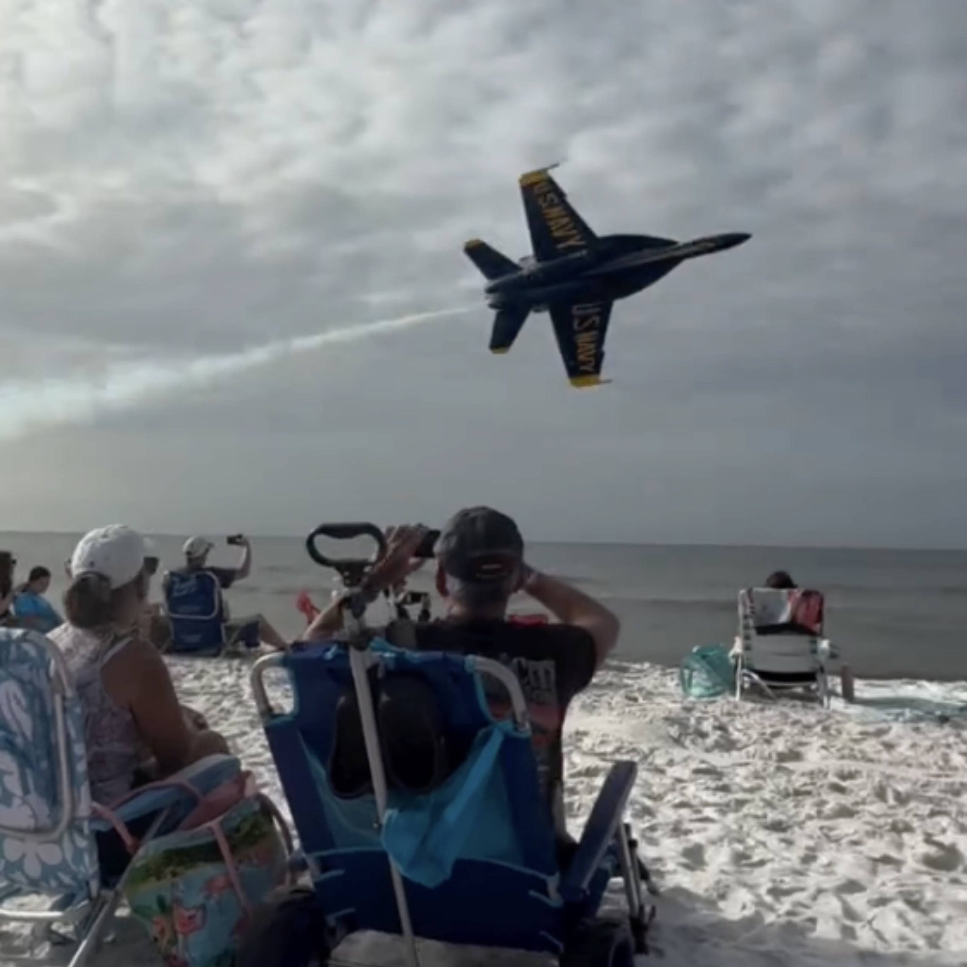 PHOTO: A still image from a video showing a flyover by a jet with the U.S. Navy's Blue Angels on July 15, 2026. 