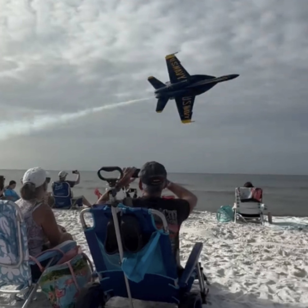 PHOTO: A still image from a video showing a flyover by a jet with the U.S. Navy's Blue Angels on July 15, 2026. 