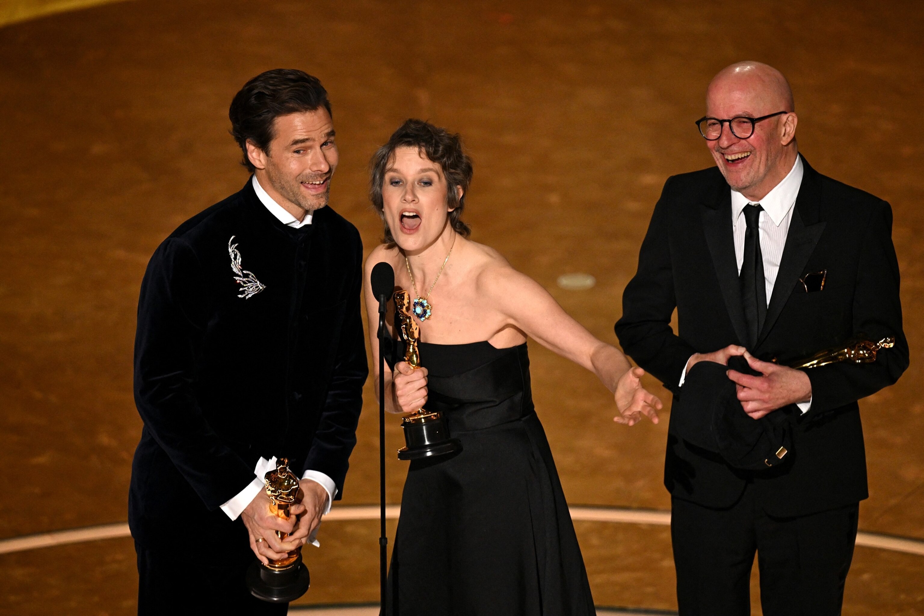 PHOTO: French composer Clement Ducol, US composer Camille and French director Jacques Audiard accept the award for Best Original Song for "El Mal" from "Emilia Perez" during the 97th Annual Academy Awards, in Hollywood, Calif., on March 2, 2025.
