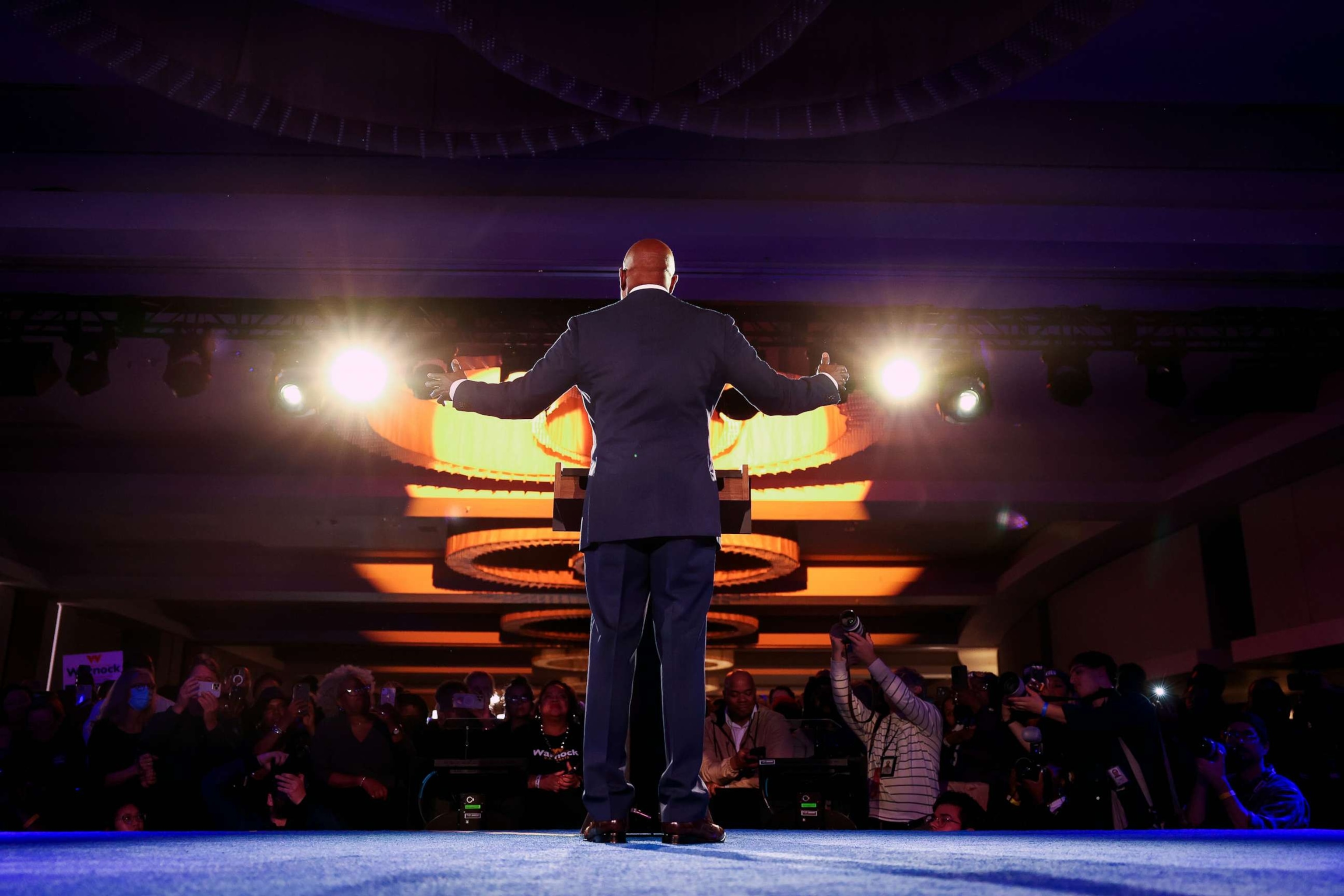 PHOTO: Georgia Democratic Senate candidate U.S. Sen. Raphael Warnock speaks during an election night watch party, Dec. 6, 2022, in Atlanta.