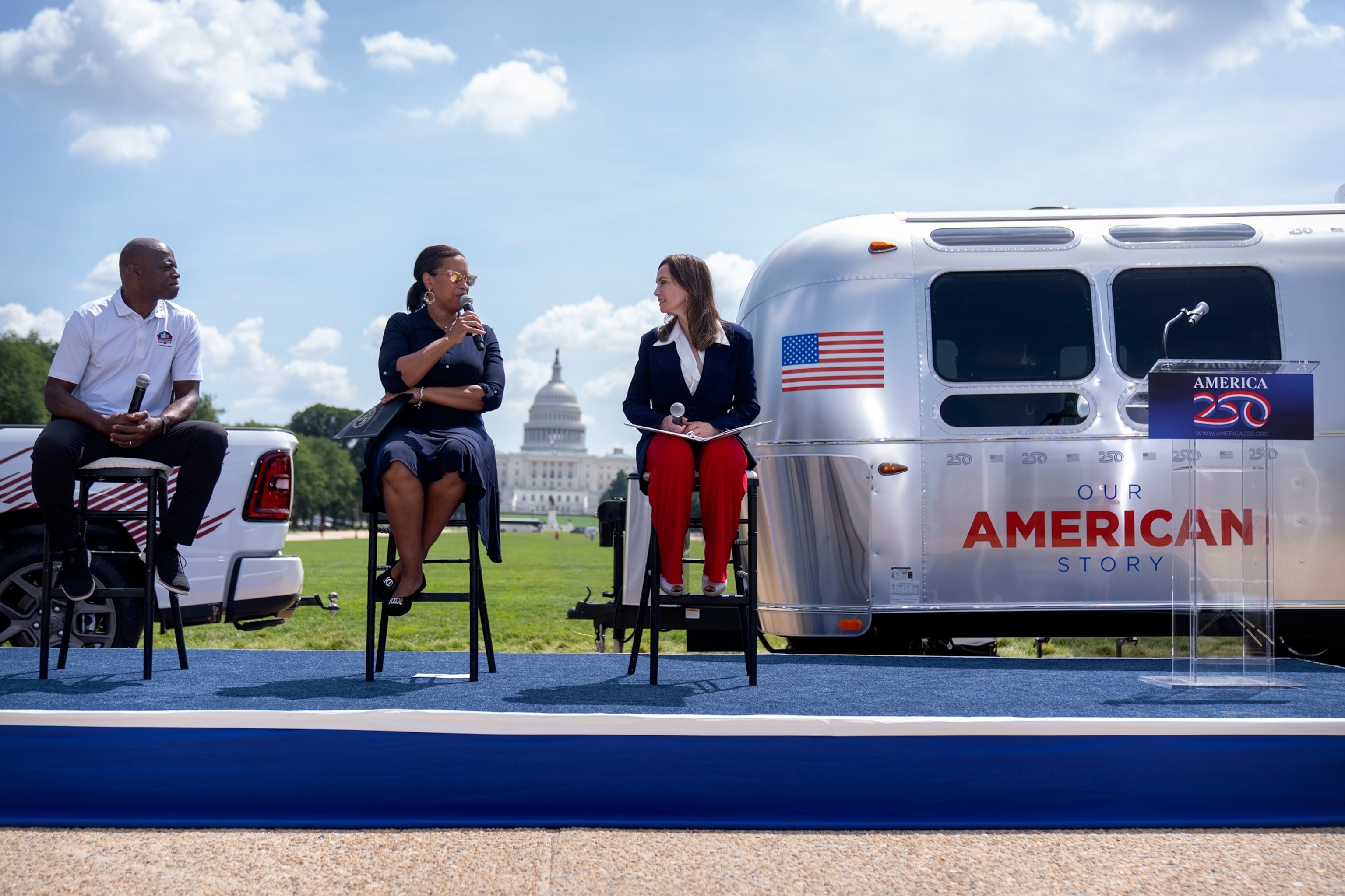 PHOTO: Washington Mayor Muriel Bowser and America250 chair Rosie Rios speak during an event ahead of the 250th anniversary of the United States in 2026, on the National Mall,July 28, 2025.