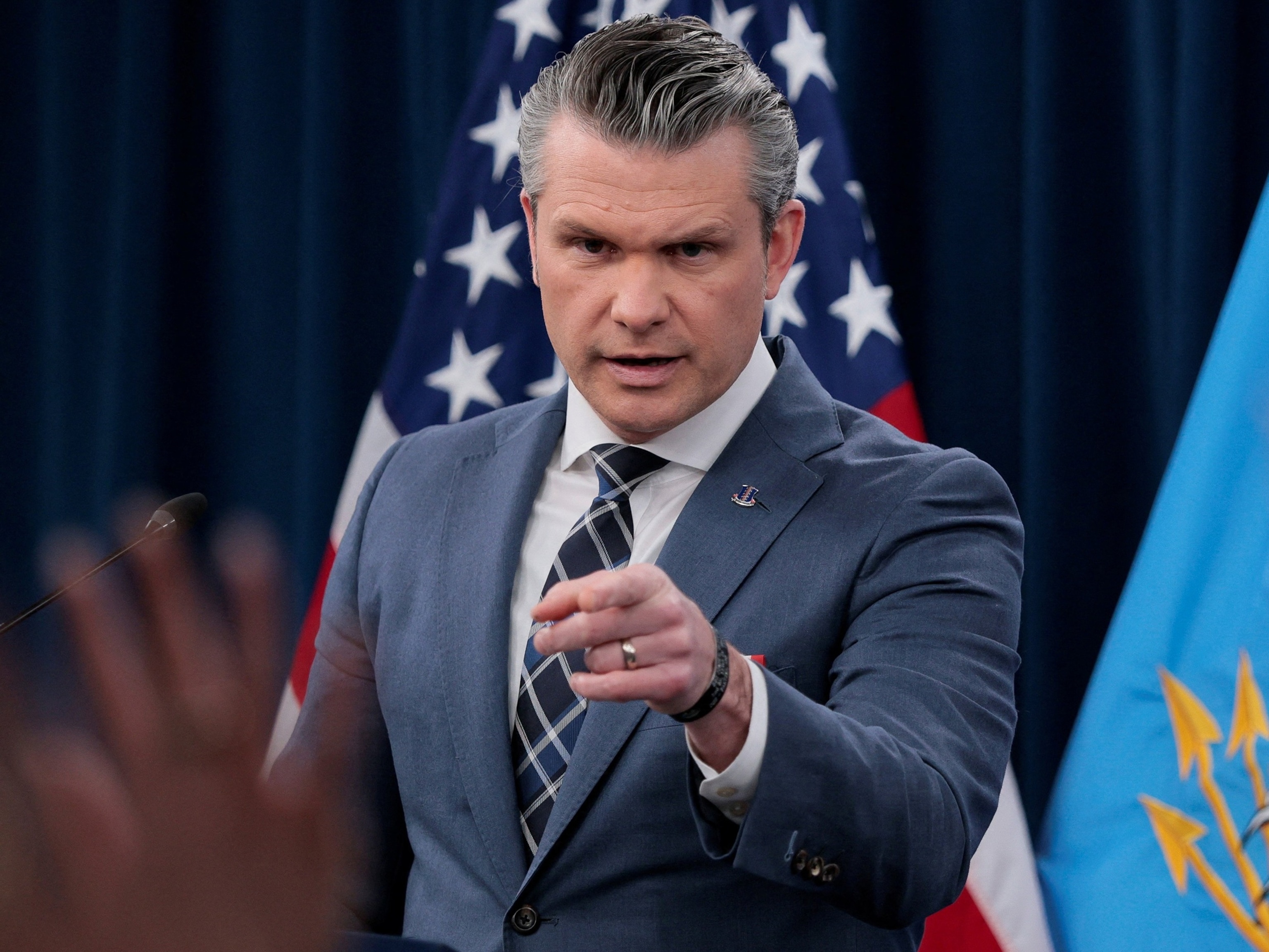 PHOTO: Secretary of Defense Pete Hegseth holds a briefing with Chairman of the Joint Chiefs of Staff General Dan Caine at the Pentagon in Washington,  March 19, 2026.