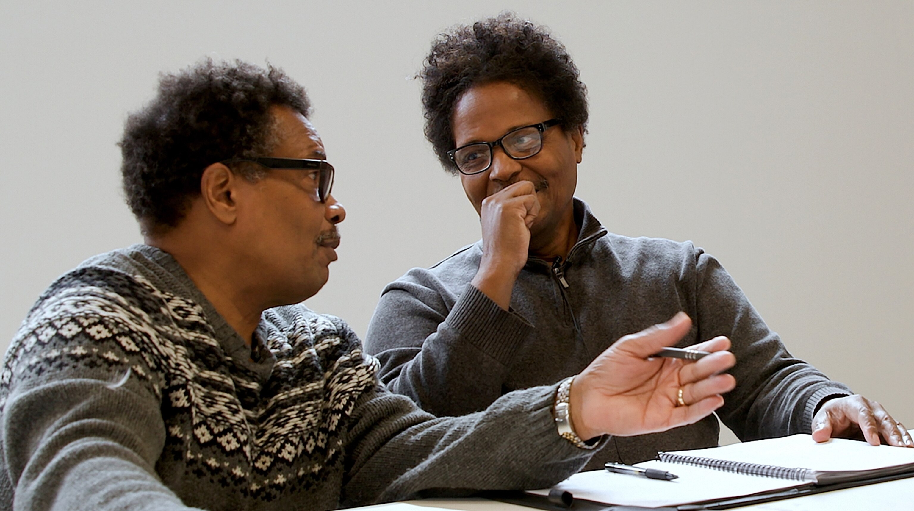 PHOTO: Garnell Whitfield (left) and his brother, Raymond Whitfield, whose mother, Ruth Whitfield was killed in the May 14, 2022, mass shooting at a Tops store in Buffalo, discuss plans a seminar they held in April on combating white supremacy.