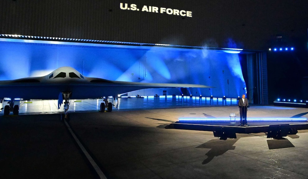 US Secretary of Defense Lloyd Austin speaks at the B-21 Raider unveiling ceremony at Northrop Grumman's Air Force Plant 42 in Palmdale, California, December 2, 2022.