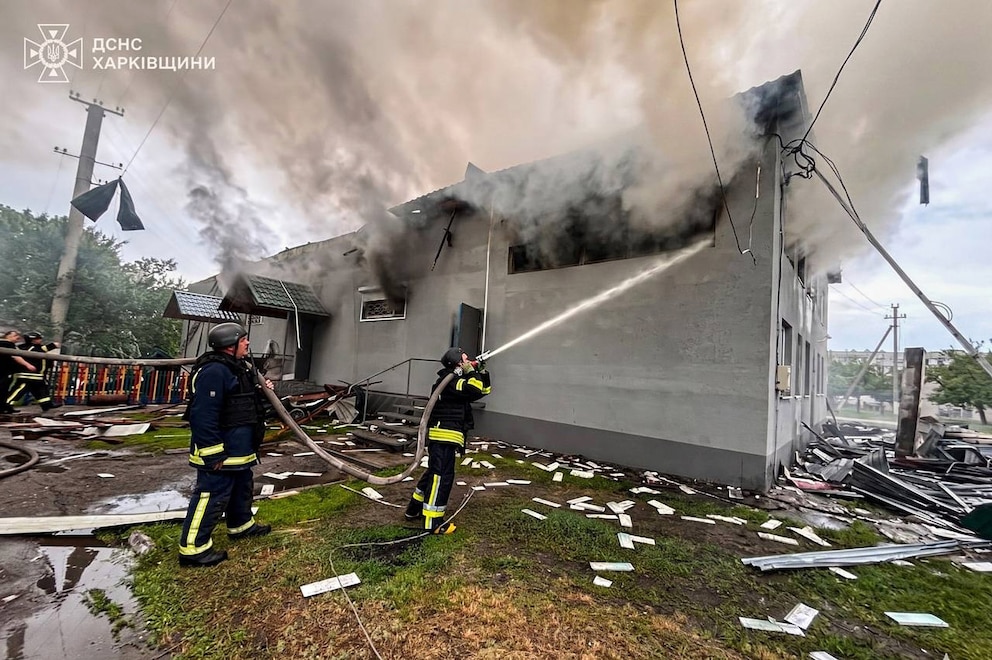 PHOTO: In this photo provided by the Ukrainian Emergency Service, firefighters put out the fire at a prayer house of a local Protestant community following a Russian air attack in Balakliia, Kharkiv region, Ukraine, on May 23, 2026.