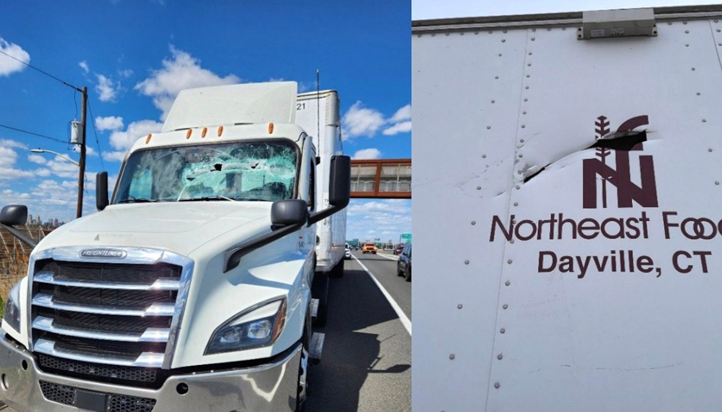 PHOTO: Left photo shows the damage to the tractor cab’s windshield, and the right photo is
front face of the trailer. 