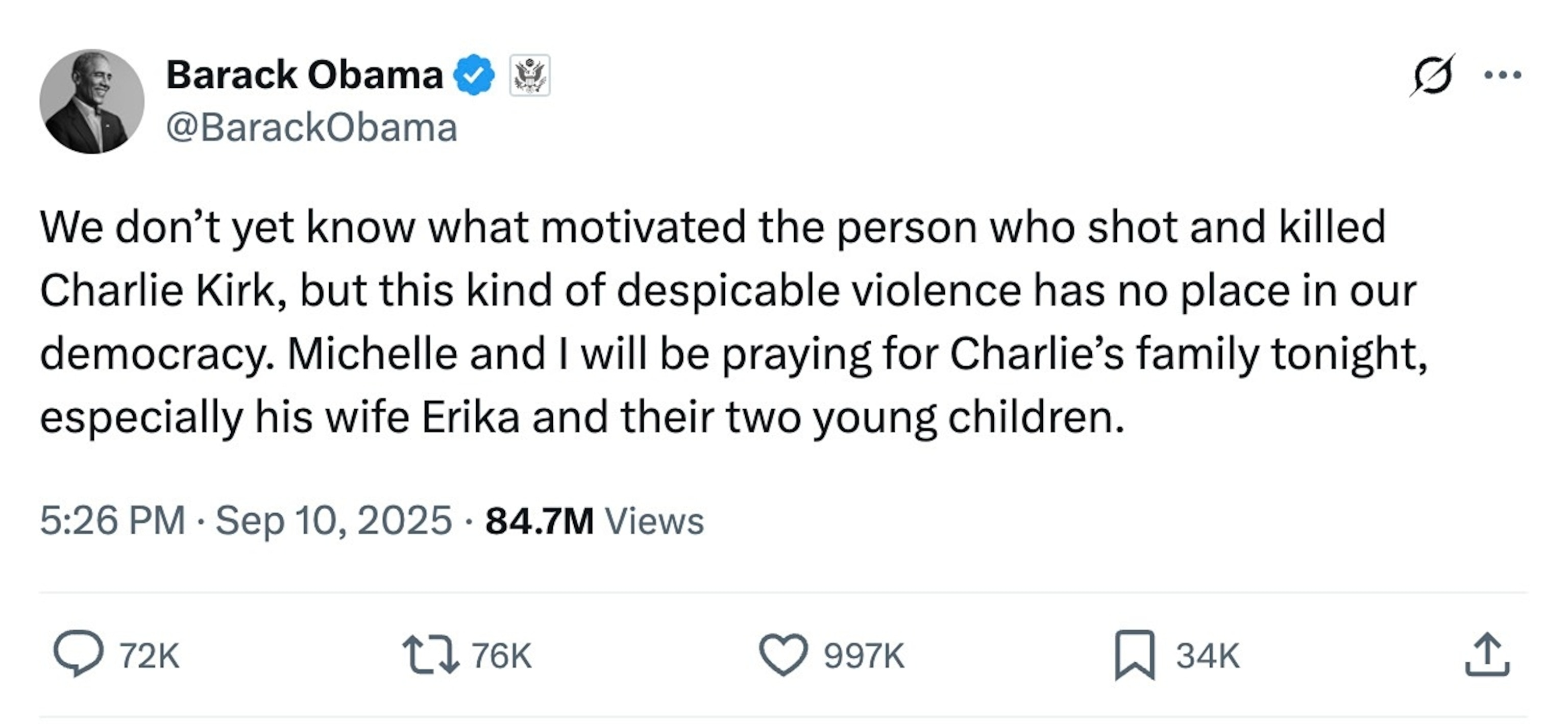 PHOTO: a post about Charlie Kirk by Barack Obama
