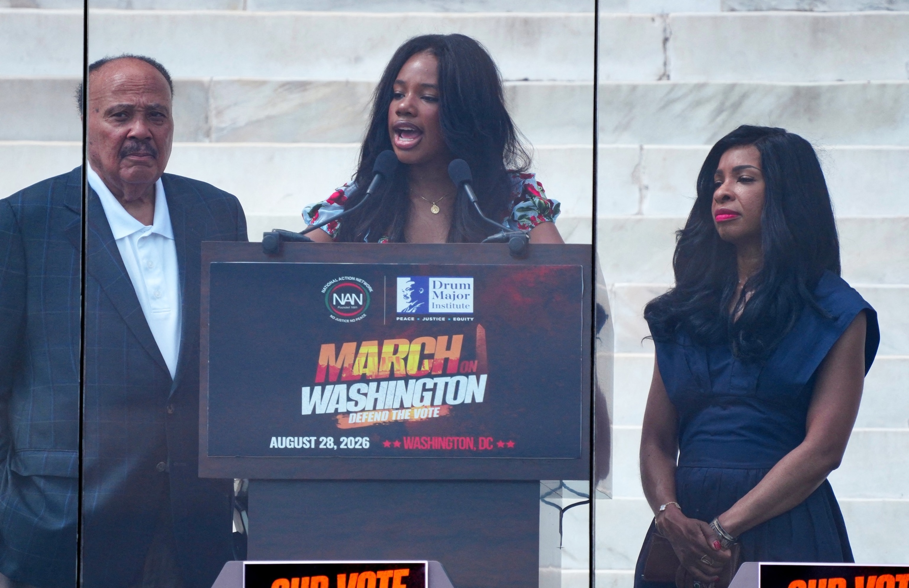 PHOTO: Yolanda R. King speaks during a "Defend the Vote" rally at the Lincoln Memorial in Washington, DC, on Aug. 28, 2026, coinciding with the 63rd anniversary of the 1963 "March on Washington" rally for civil rights.