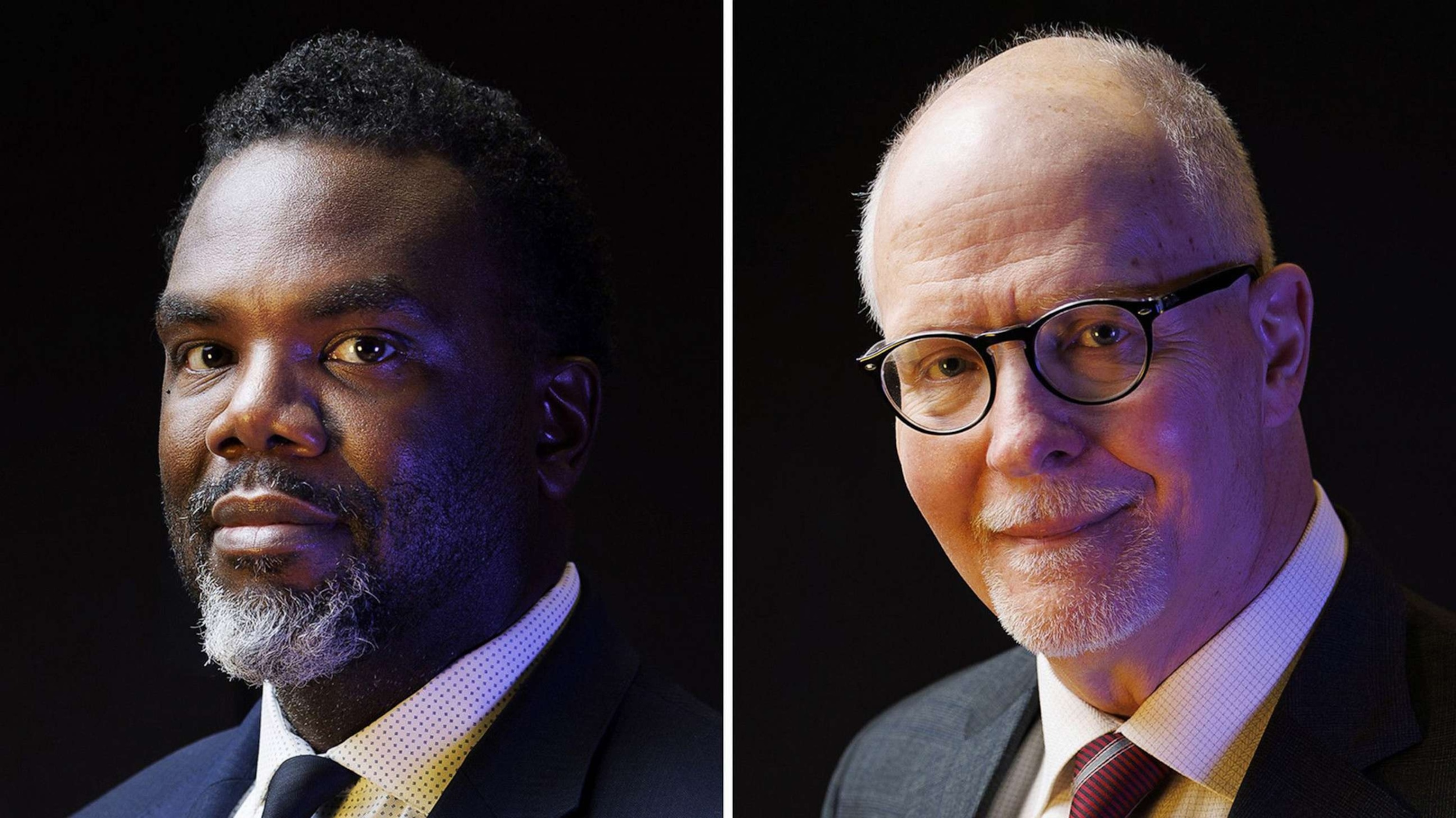 PHOTO: Mayoral candidates Brandon Johnson, left, and Paul Vallas, on Jan. 23, 2023, in Chicago.