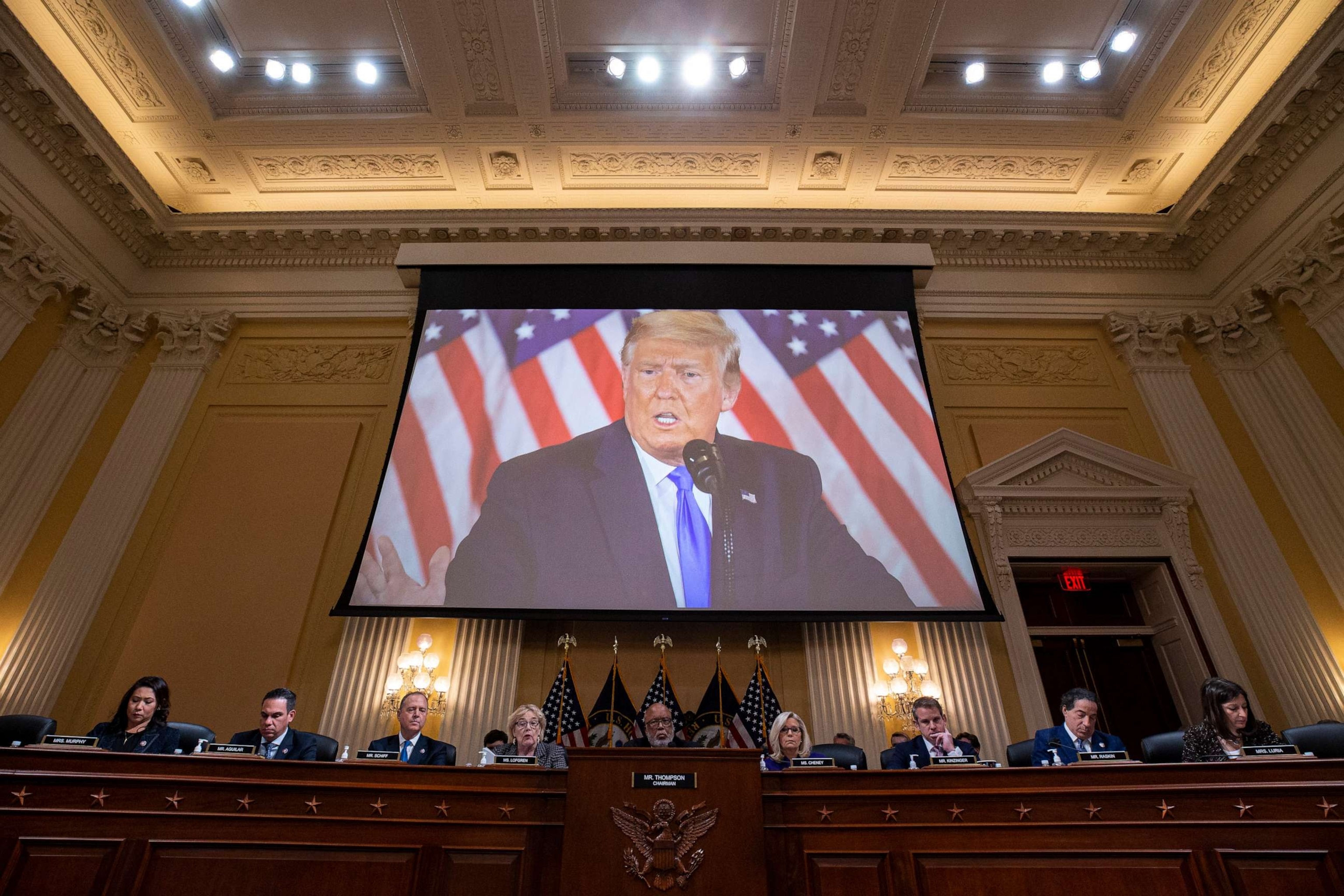 PHOTO: Former U.S. President Donald Trump is displayed on a screen during a meeting of the Select Committee to Investigate the January 6th Attack on the U.S. Capitol, Dec. 19, 2022 in Washington.