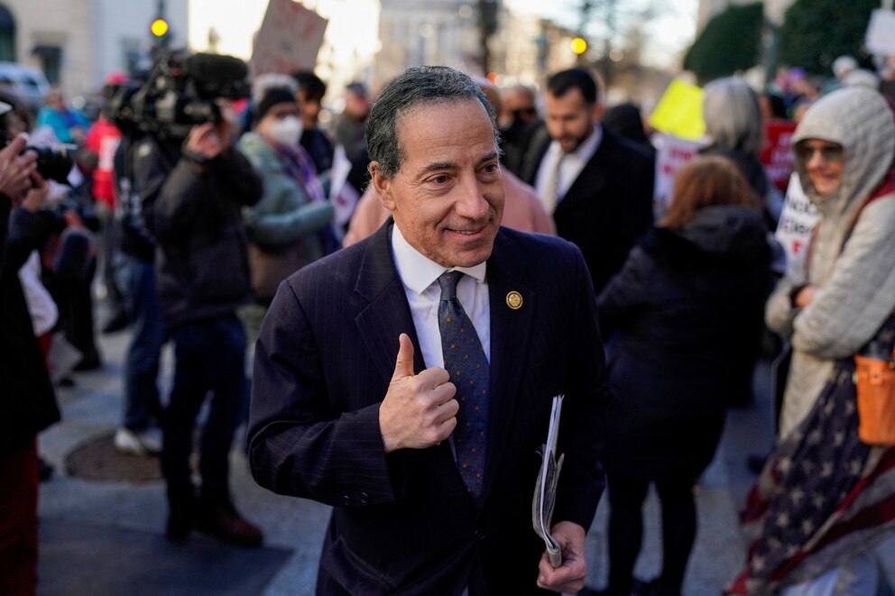 PHOTO: Rep. Jamie Raskin (D-MD) gestures as demonstrators rally outside the U.S. Treasury Department in Washington, Feb. 4, 2025.