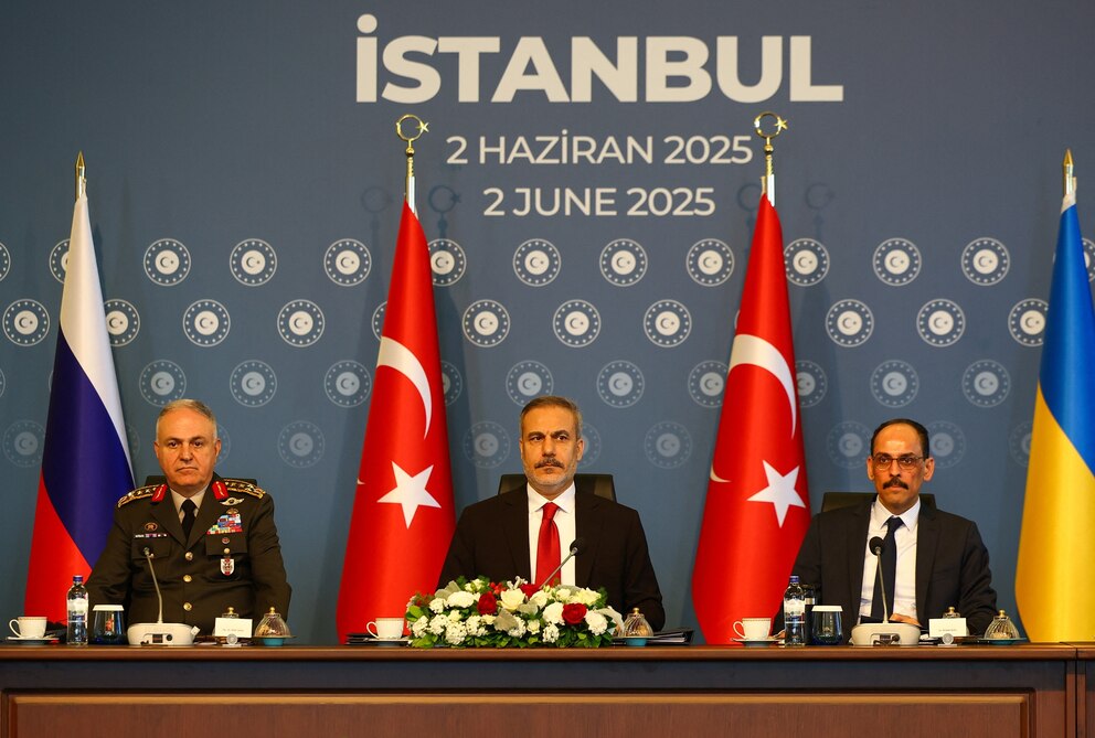 PHOTO: Turkish Foreign Minister Hakan Fidan sits between Chief of the Turkish General Staff Metin Gurak and Turkey's intelligence chief Ibrahim Kalin in Istanbul, Turkey, on June 2, 2025.