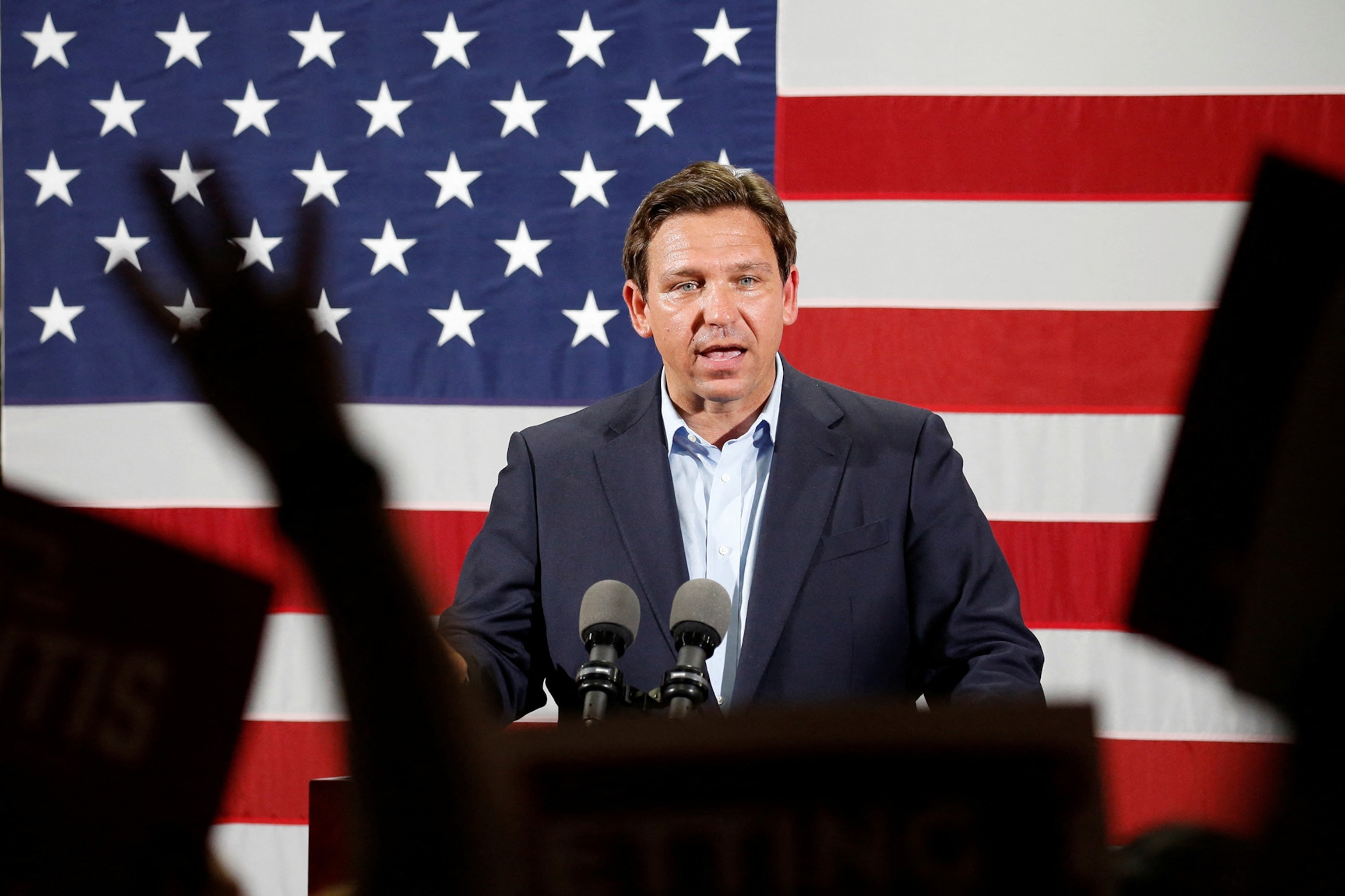 PHOTO: Florida Governor Ron DeSantis speaks during a rally ahead of the midterm elections, in Hialeah, Fla., Nov. 7, 2022.