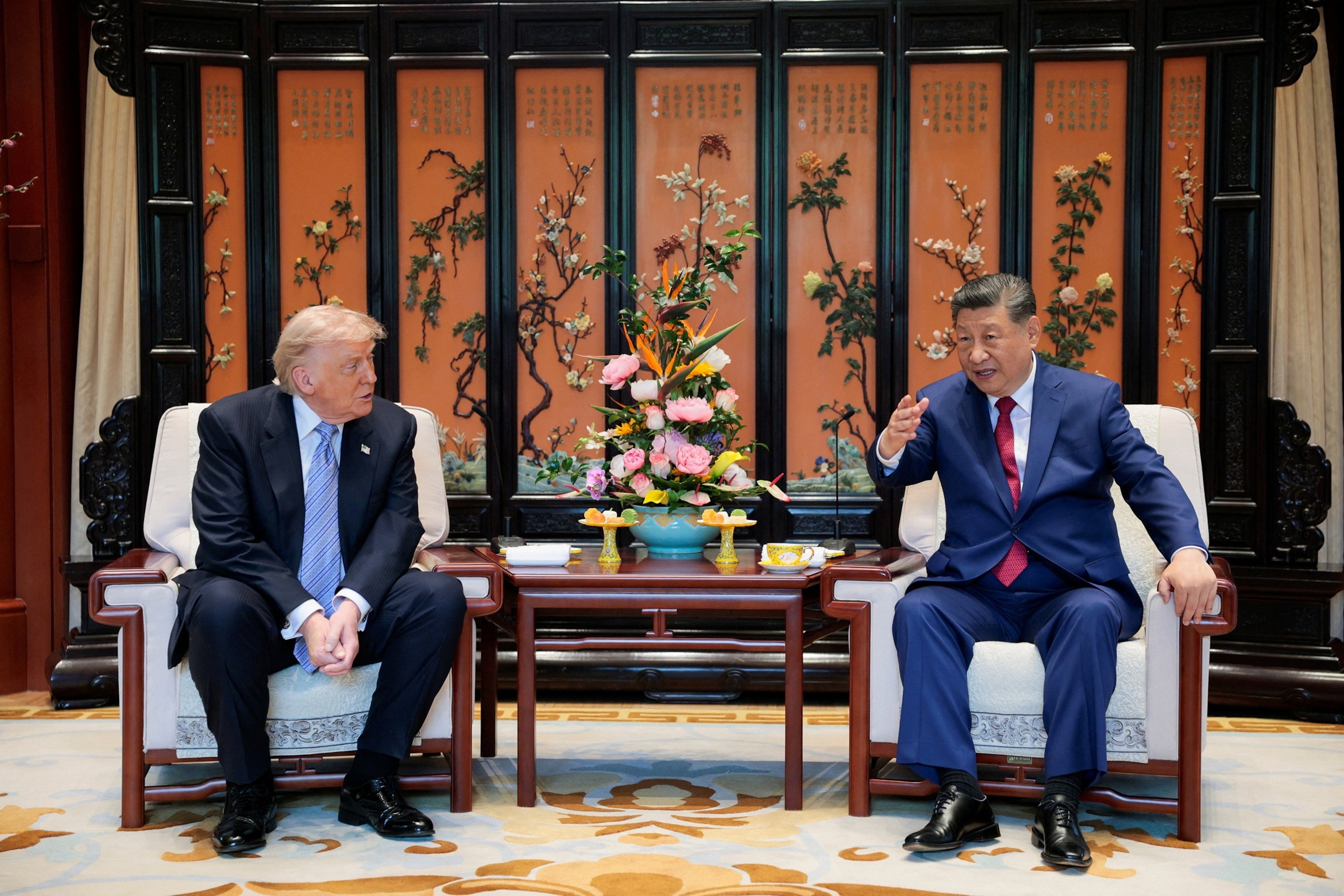 PHOTO: Chinese President Xi Jinping speaks during a meeting with U.S. President Donald Trump on the sidelines of their visit to the  Zhongnanhai Garden in Beijing, China, May 15, 2026. 
