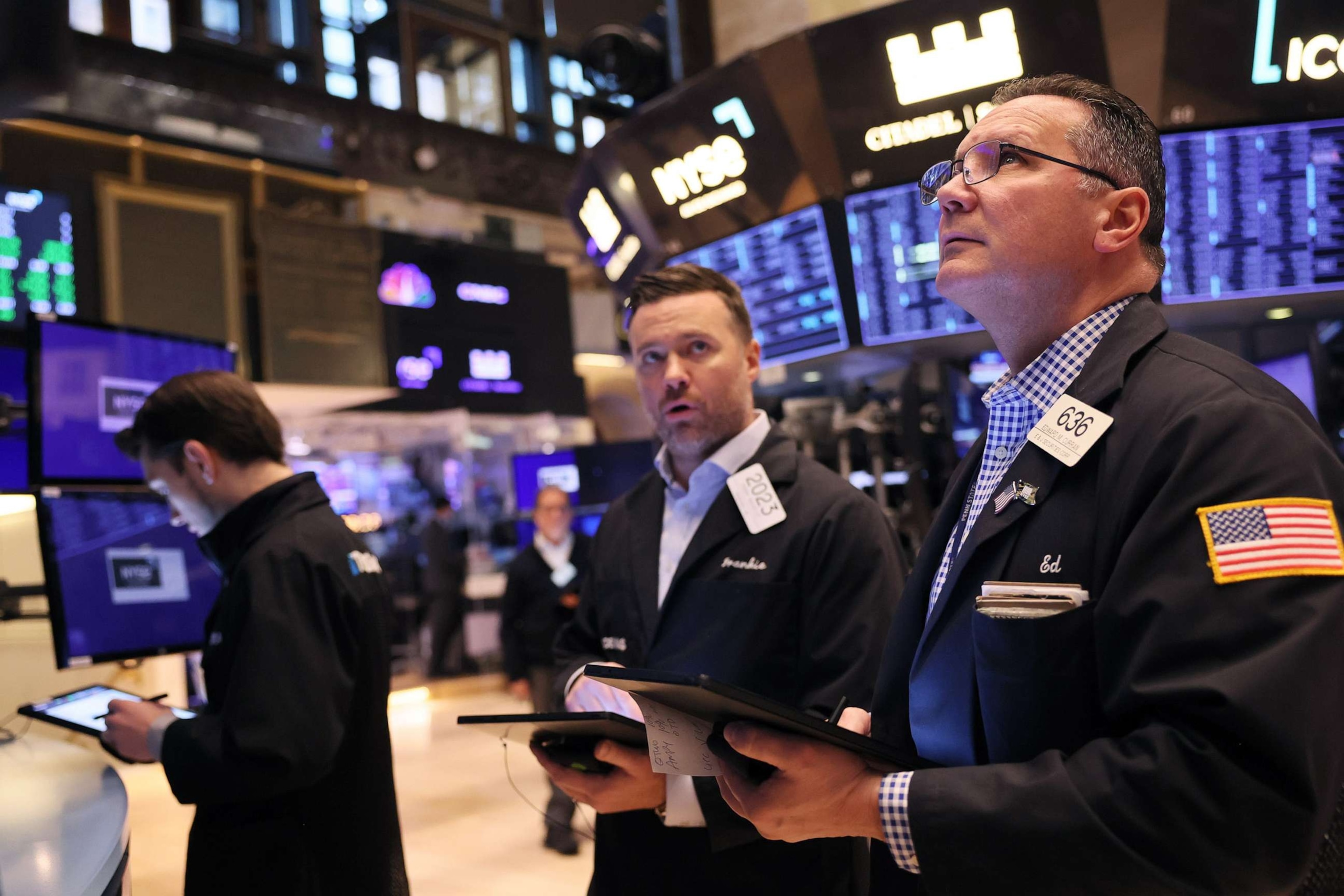 PHOTO: Traders work on the floor of the New York Stock Exchange during morning trading on March 15, 2023 in New York City.