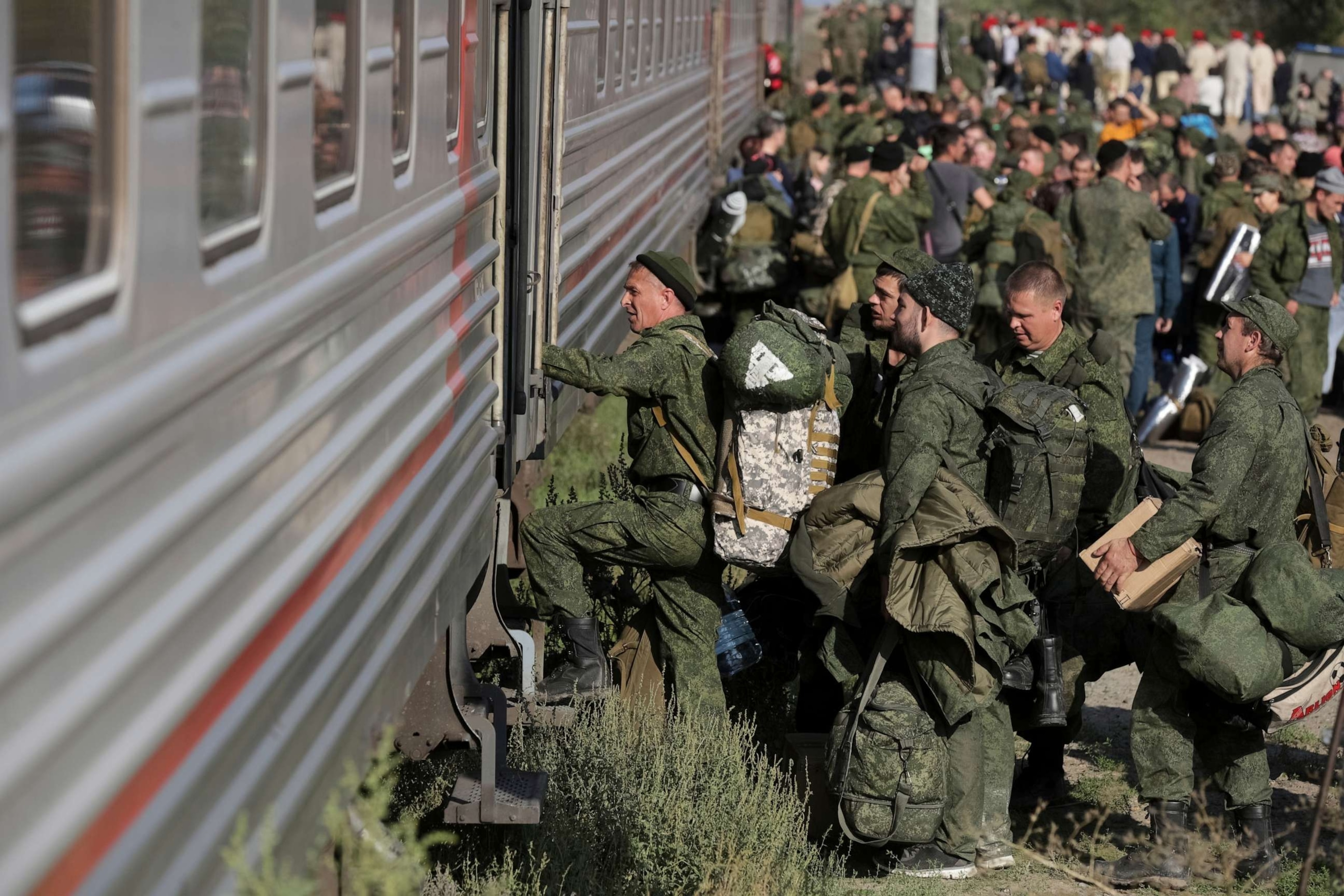 PHOTO: Russian recruits take a train at a railway station in Prudboi, in Russia's Volgograd region, on Sept. 29, 2022. President Vladimir Putin announced a partial mobilization, the first since World War II, amid the war in Ukraine.