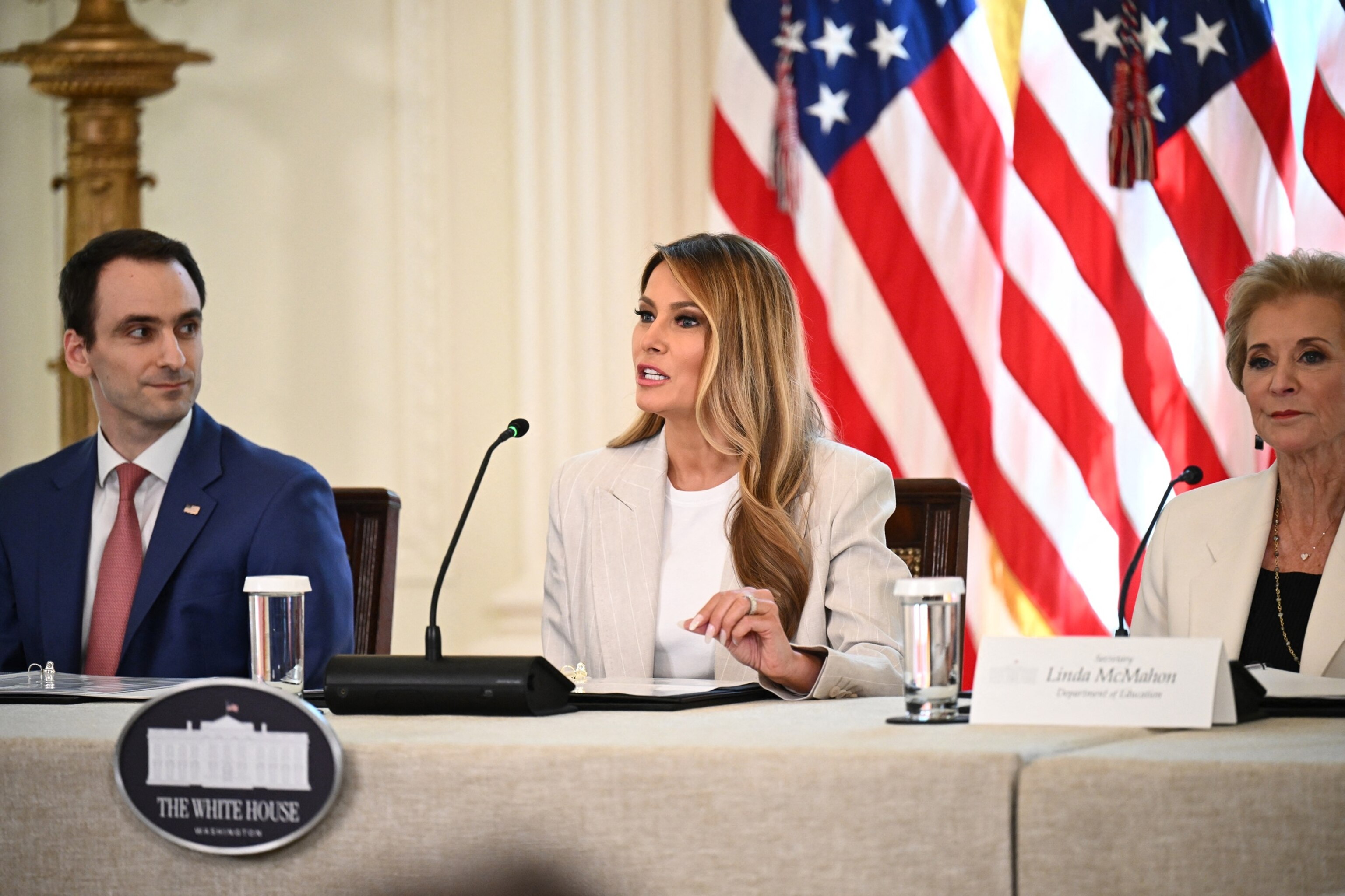 PHOTO: First Lady Melania Trump speaks during a meeting of the White House Task Force on artificial intelligence education in the East Room of the White House in Washington, D.C., on Sept. 4, 2025.