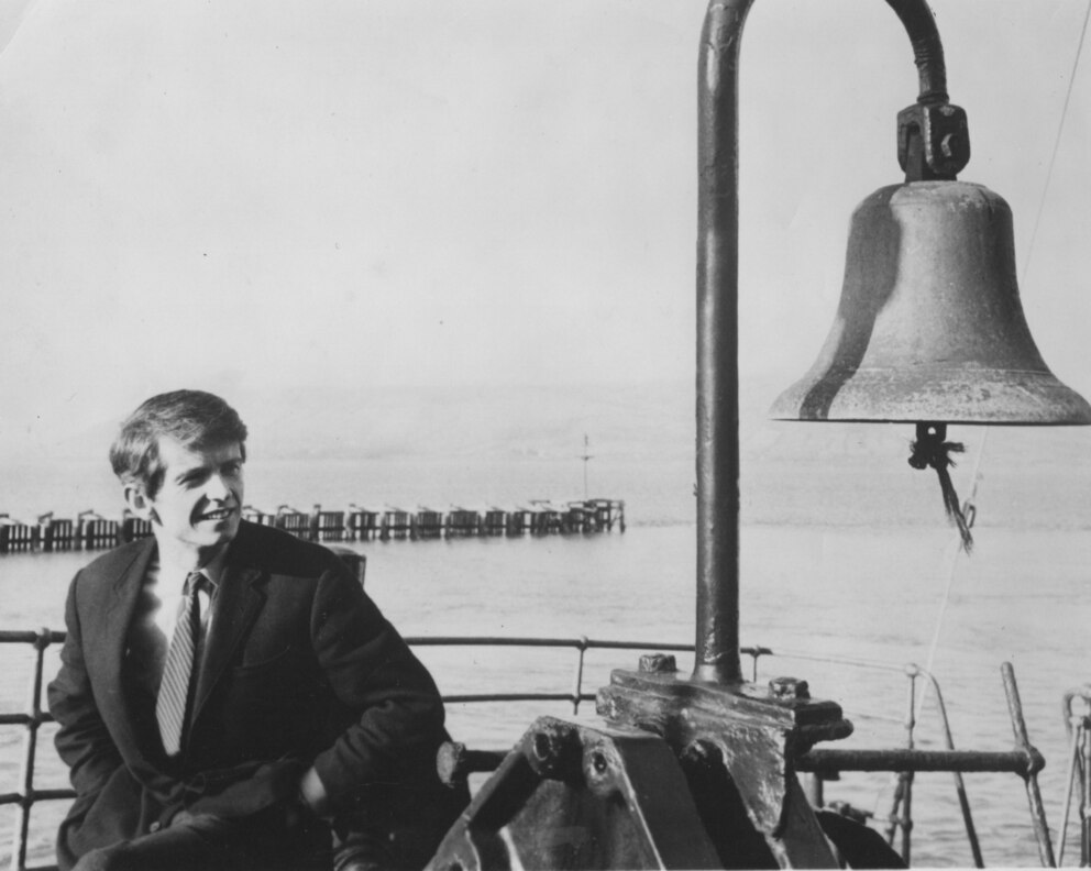 PHOTO: Ronan O’Rahilly with bell.  The late founder of Radio Caroline with the station's signature bell.