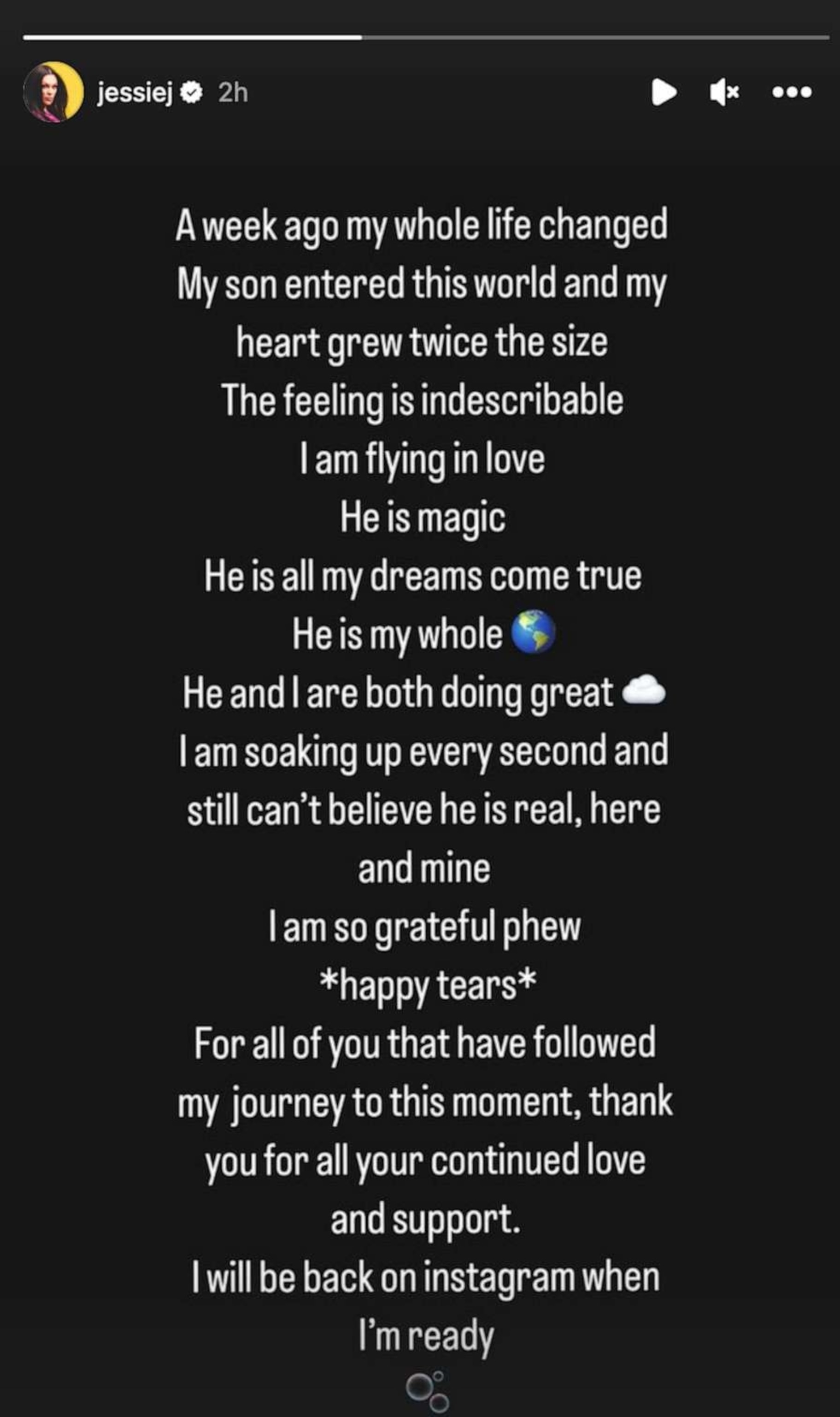 PHOTO: Jessie J shares that she has welcomed her son into the world in a message shared in her Instagram stories on Friday.