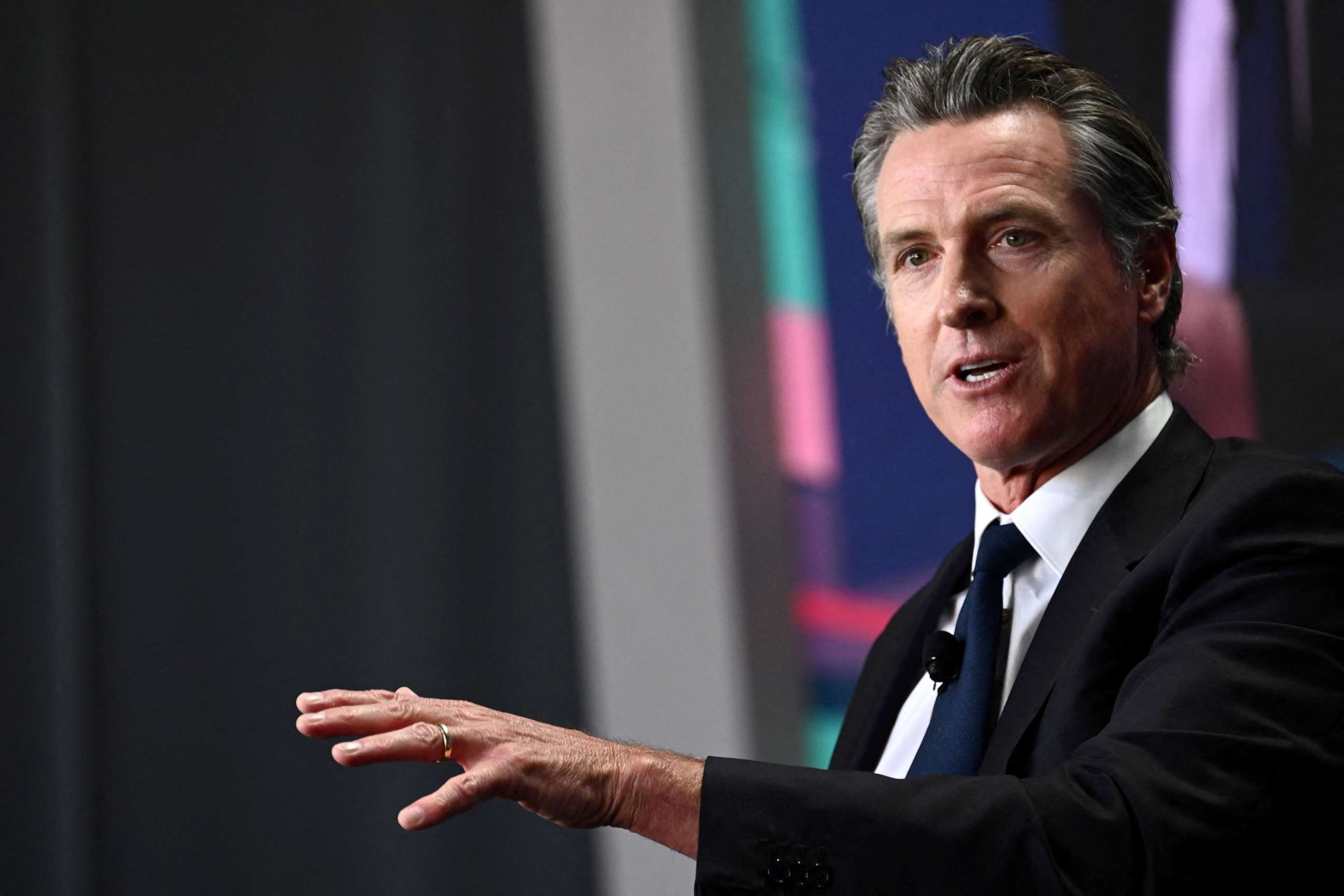 PHOTO: California Governor Gavin Newsom speaks during the Milken Institute Global Conference in Beverly Hills, California on May 2, 2023.