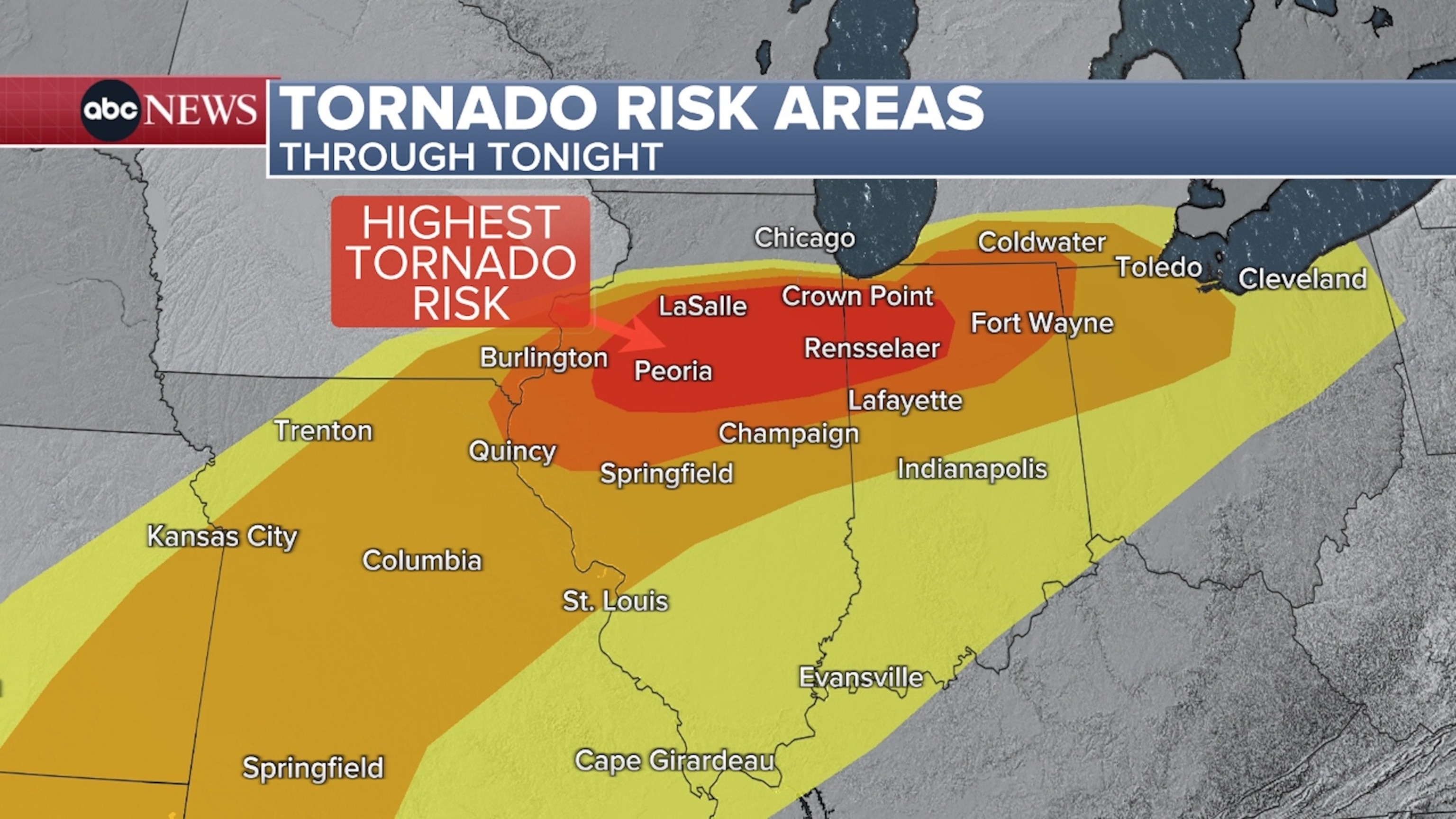 PHOTO: Tornado risk areas through Tuesday night. 