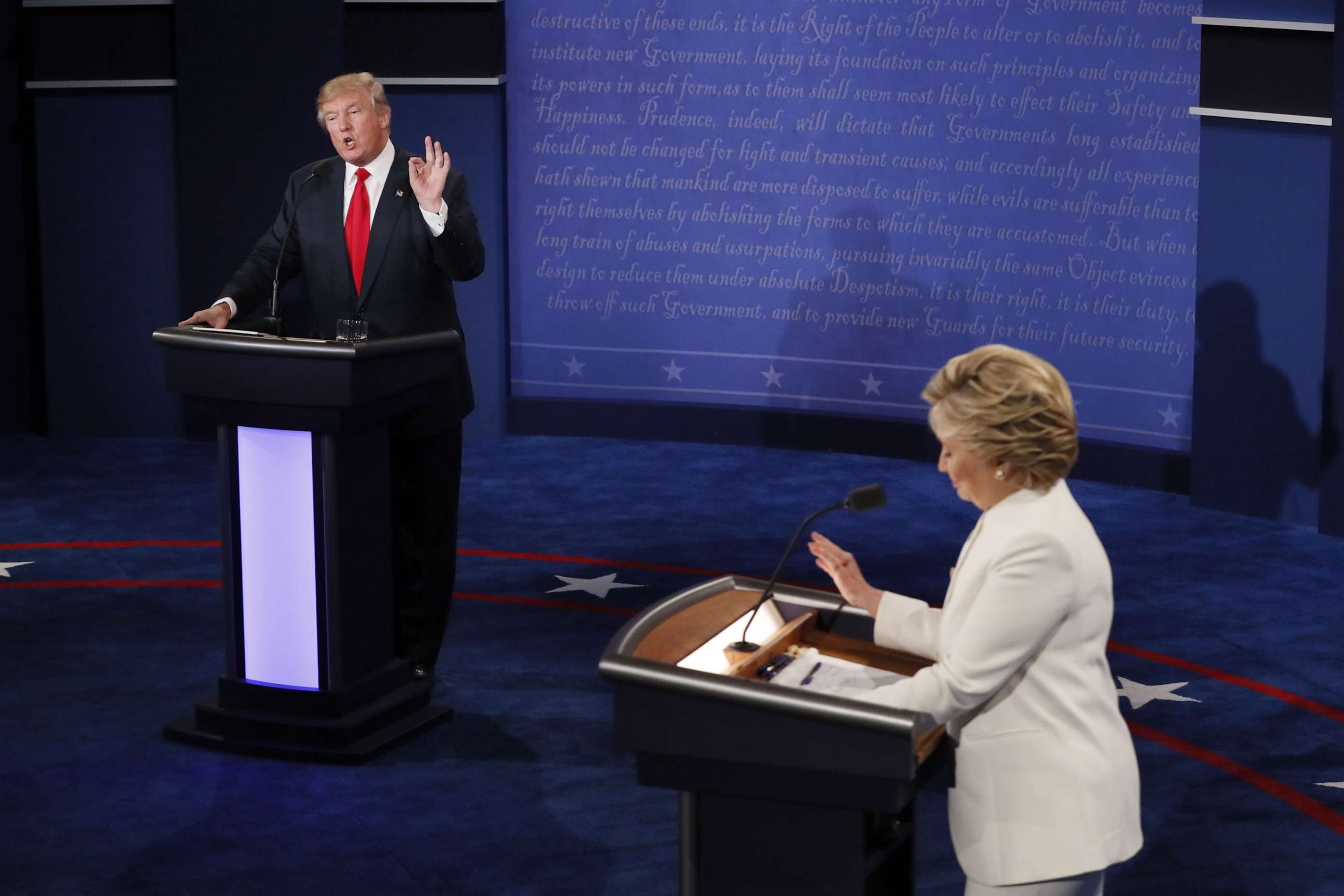 PHOTO: Democratic presidential nominee Hillary Clinton (R) and Republican presidential nominee Donald Trump speak during the final presidential debate at the Thomas & Mack Center on the campus of the University of Las Vegas in Las Vegas, October 19, 2016.