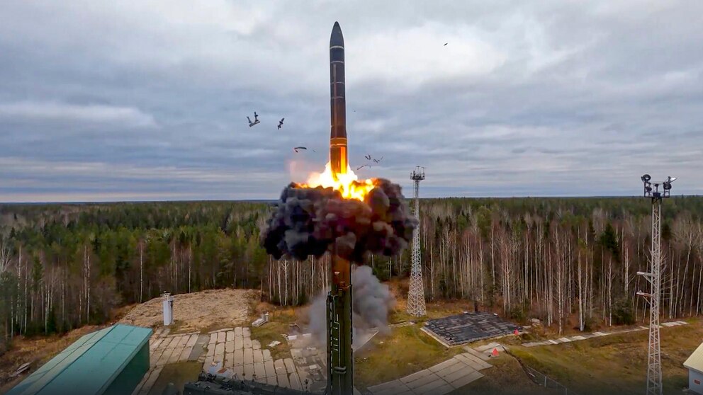 FILE - In image from video released by Russian Defense Ministry Press Service on Oct. 26, 2022, a Yars intercontinental ballistic missile is test-fired as part of Russia's nuclear drills from a launch site in Plesetsk, northwestern Russia. The lower house of Russia's parliament on Wednesday gave its final approval to a bill revoking the ratification of a global nuclear test ban treaty, a move Moscow described as putting it on par with the United States. (Russian Defense Ministry Press Service via AP, File)
