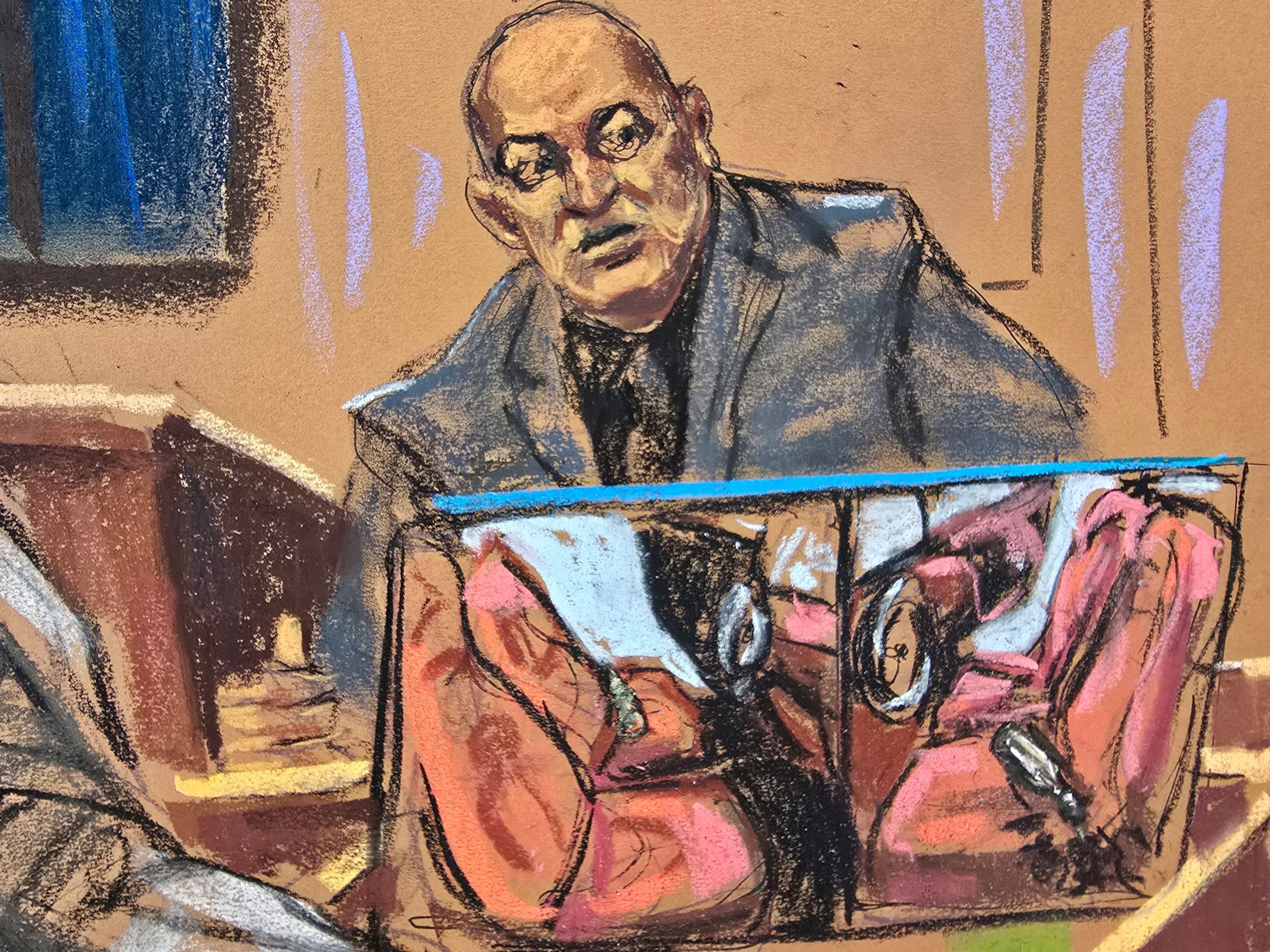 PHOTO: Los Angeles fire arson investigator Lance Jiminez is questioned by the prosecution near a photograph of the interior of a car that had caught fire, at Sean Combs' sex trafficking trial in New York City, May 28, 2025 in this courtroom sketch.