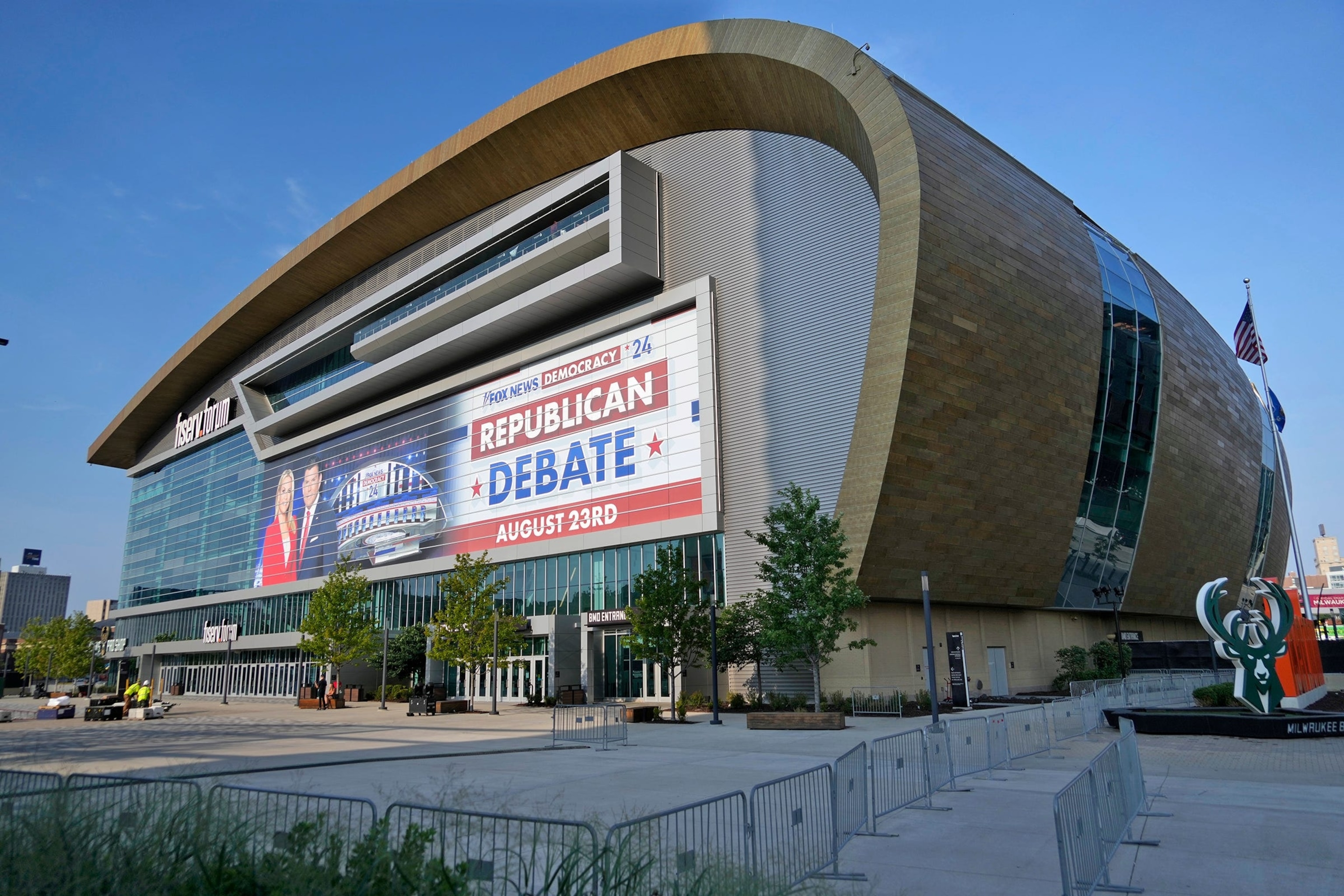 PHOTO: A Republican Debate sign is up outside Fiserv Forum in preparation of the Aug. 23 debate in Milwaukee, Aug. 21, 2023.