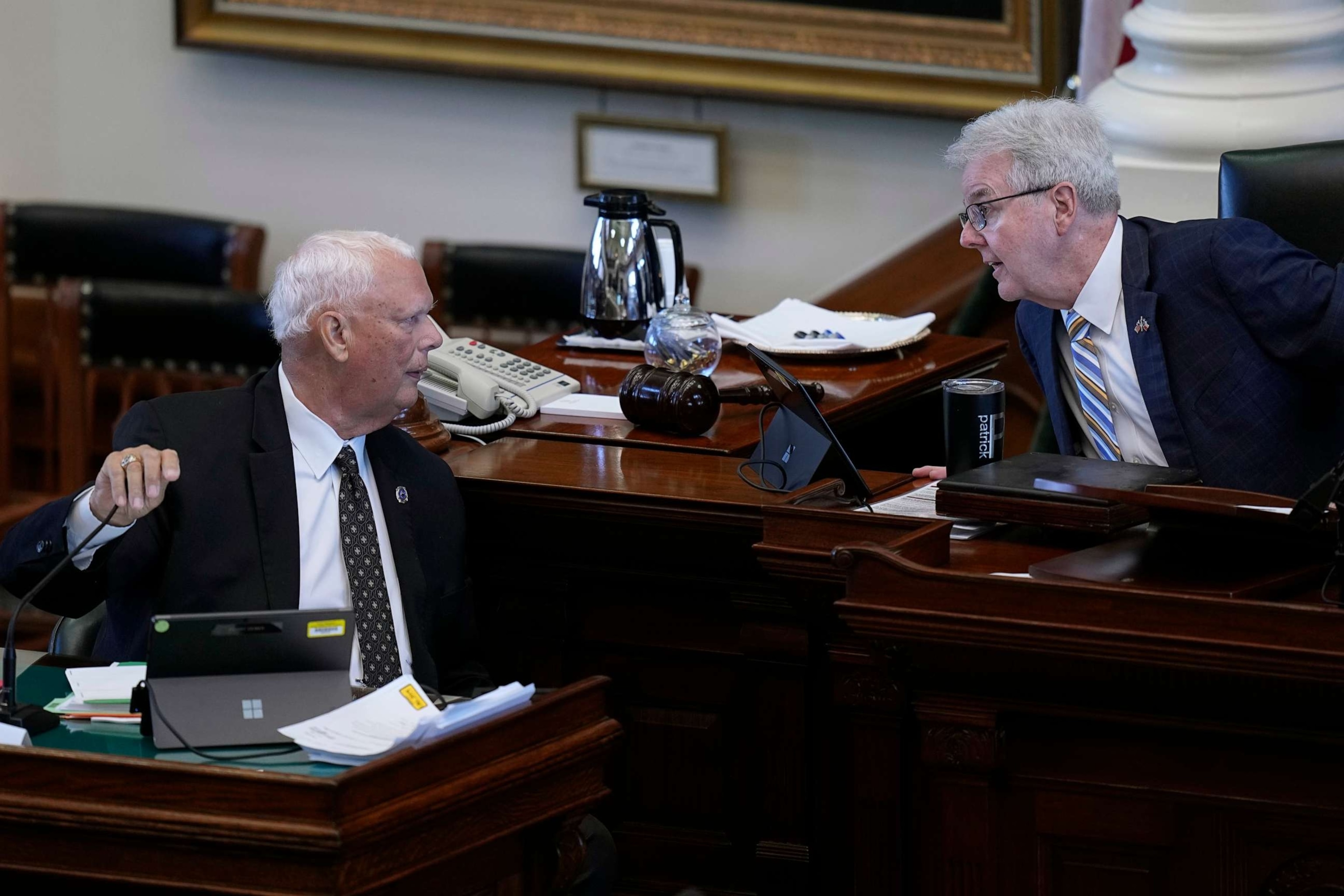 PHOTO: Texas Lt. Gov. Dan Patrick talks with witness Maxwell, former director of law enforcement at the attorney general's office, as he testifies during the impeachment trial for Texas Attorney General Paxton at the Texas Capitol, Sept. 8, 2023.