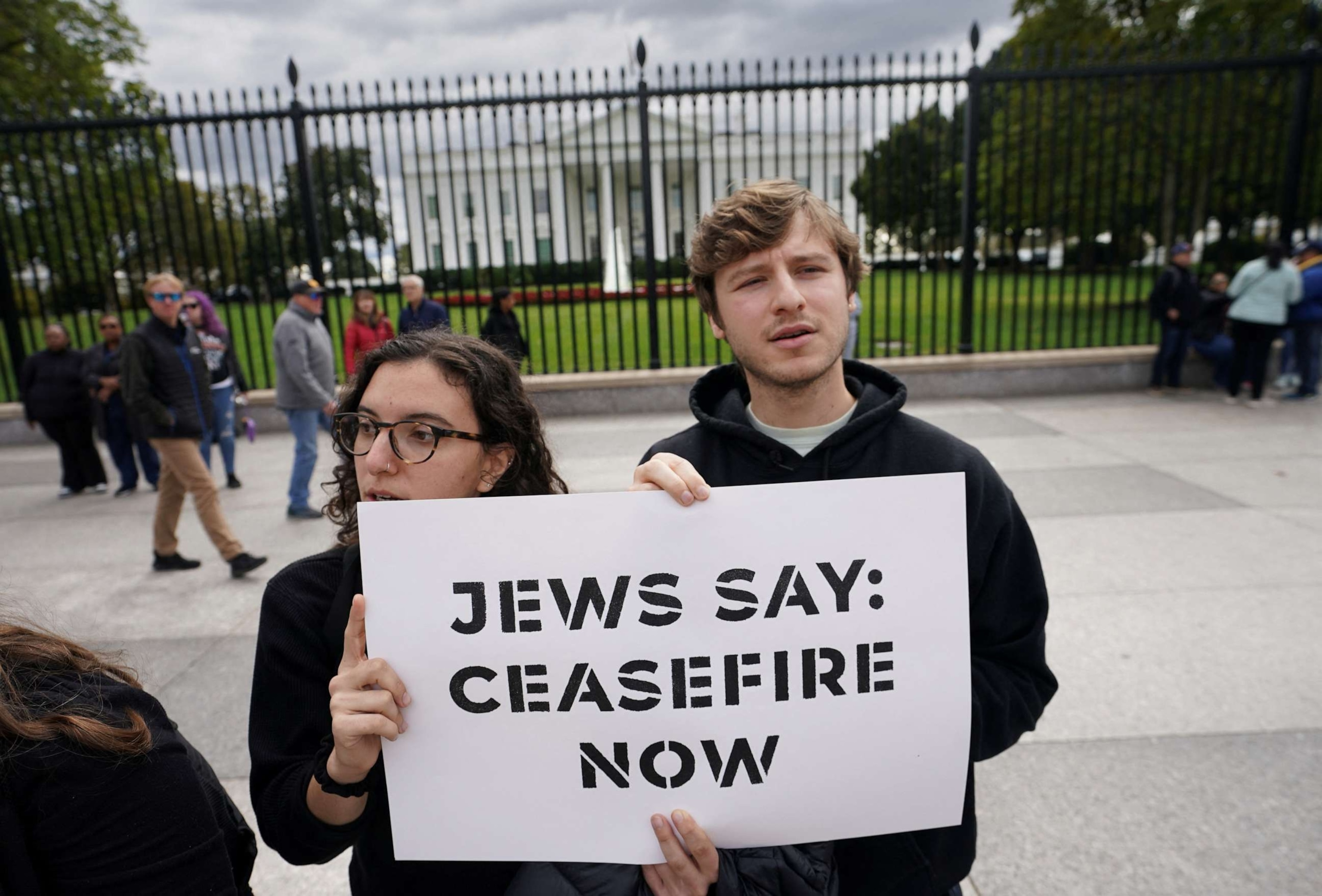 PHOTO: Activists calling for a ceasefire in Gaza protest in front of the White House in Washington, Oct. 16, 2023.