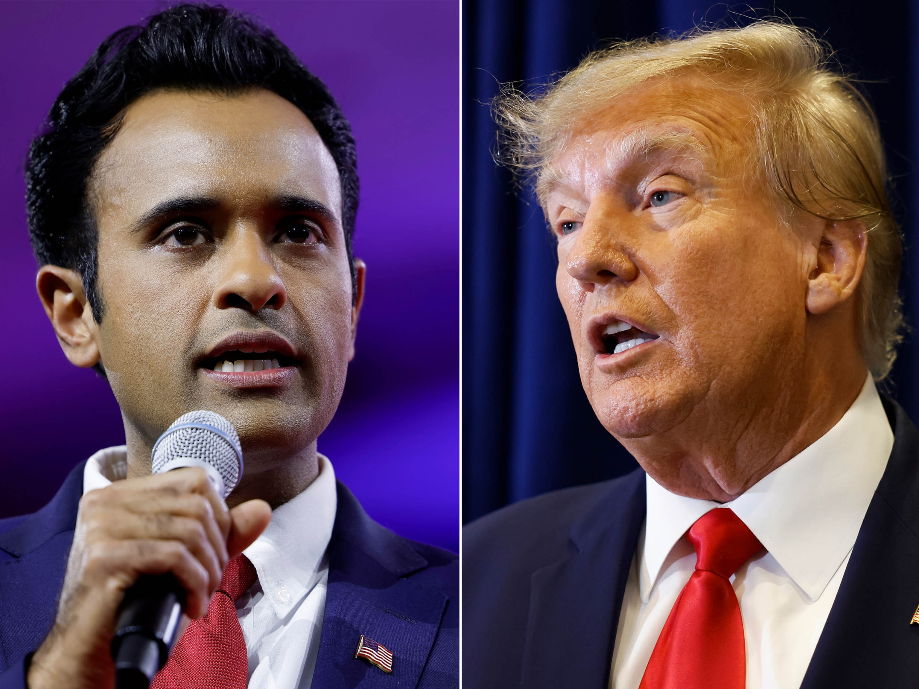 PHOTO: Vivek Ramaswamy speaks at the Gaylord National Resort Hotel And Convention Center on March 3, 2023 in National Harbor, Md. | Former President Donald Trump on March 4, 2023 in National Harbor, Md.