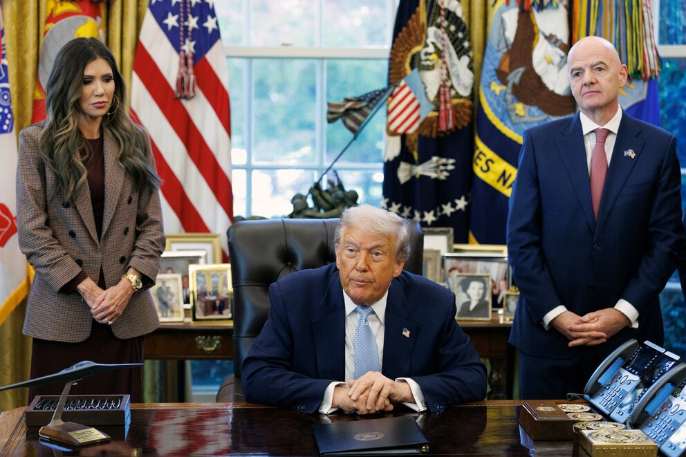 PHOTO: Kristi Noem, secretary of theDepartment of Homeland Security (DHS), President Donald Trump during a FIFA Task Force meeting in the Oval Office of the White House, Nov. 17, 2025. 
