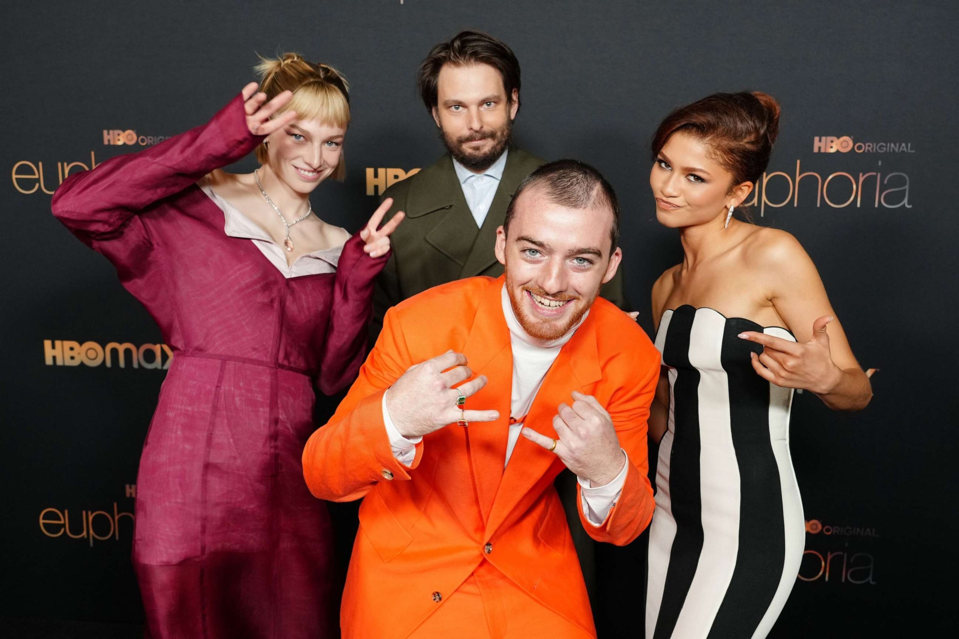 PHOTO: (L-R) Hunter Schafer, Sam Levinson, Angus Cloud, and Zendaya attends HBO's "Euphoria" Season 2 Photo Call at Goya Studios on Jan. 05, 2022 in Los Angeles.