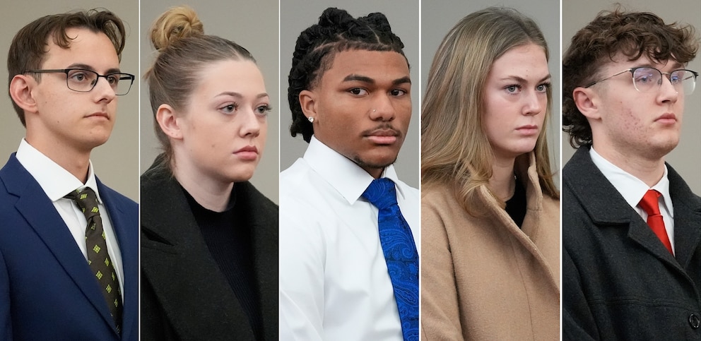 PHOTO: Assumption University college students, Kevin Carroll, Kelsy Brainard, Joaquin Smith, Isabella Trudeau and Easton Randall appear at district court make their first appearance on conspiracy and kidnapping charges in Worcester, Mass, Jan. 16, 2025.