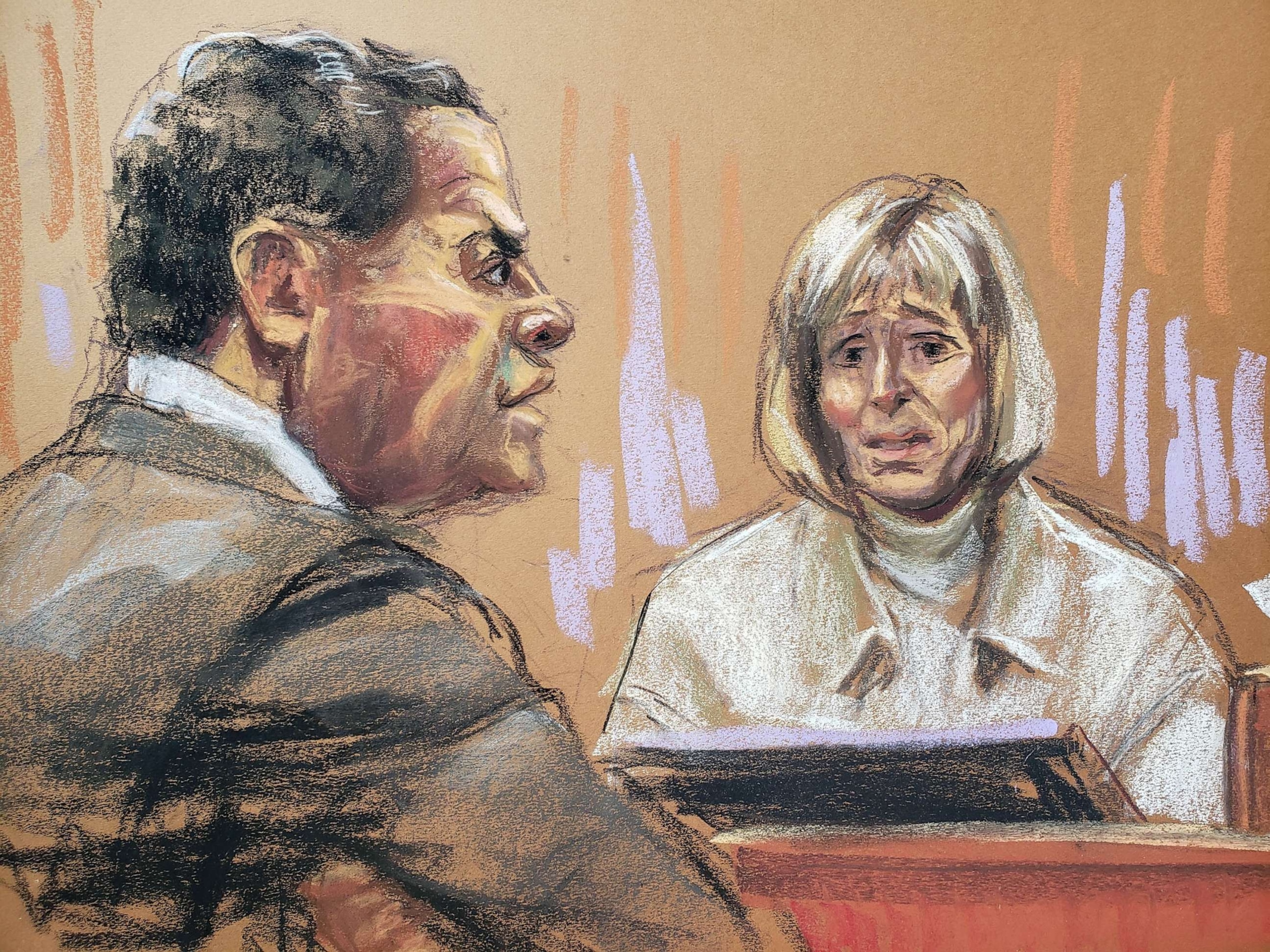 PHOTO: FILE - Former Elle magazine advice columnist E. Jean Carroll answers questions from Trump lawyer Joe Tacopina during a civil trial in New York, April 27, 2023 in this courtroom sketch.