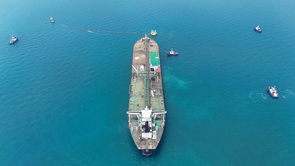 PHOTO: FILE PHOTO: Drone view of oil tanker HELGA berthed at one of Iraq's southern offshore oil terminals near Basra