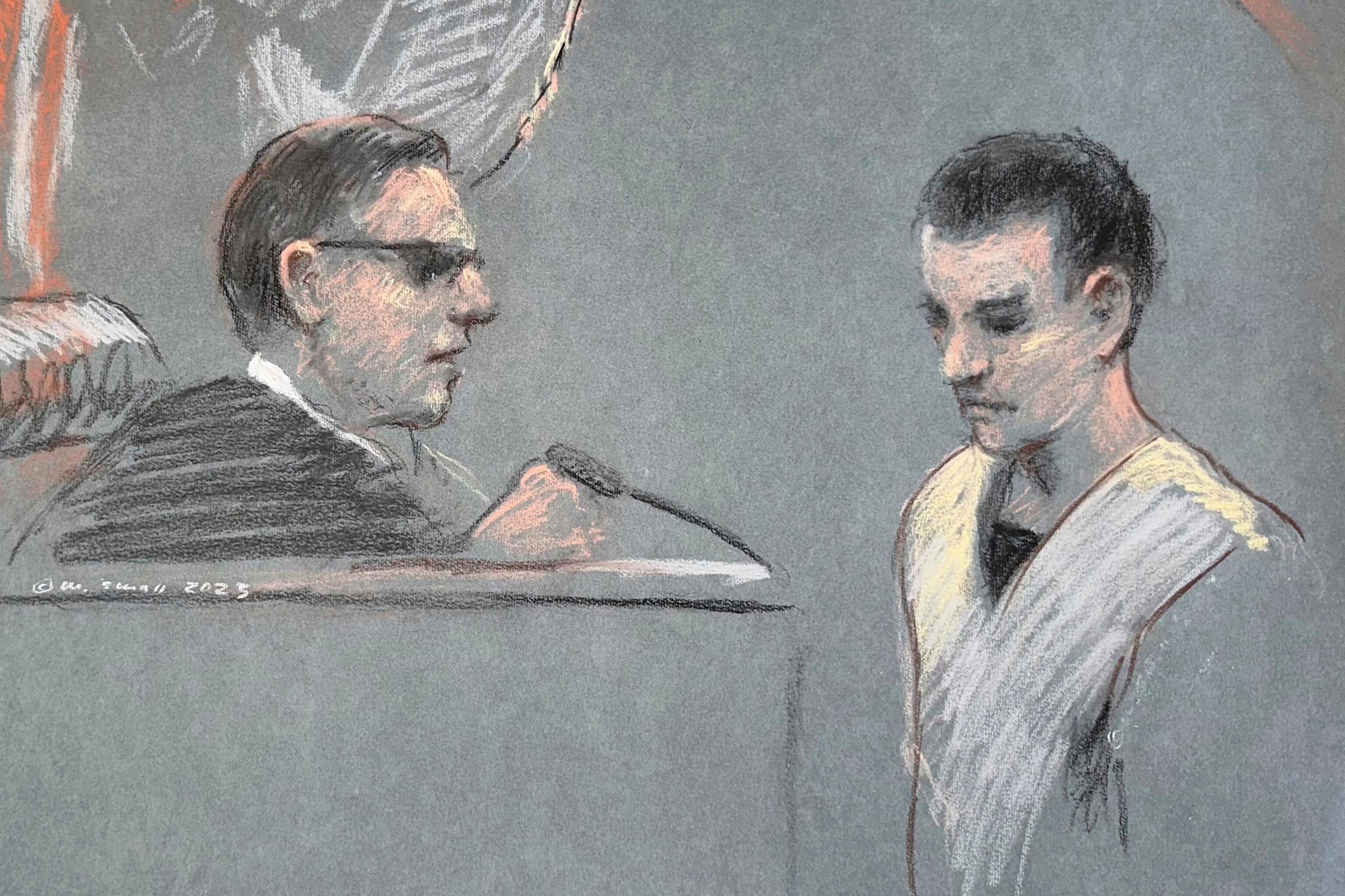 PHOTO: This artist depiction shows Massachusetts Air National Guardsman Jack Teixeira, right, appearing in U.S. District Court in Boston, April 14, 2023.