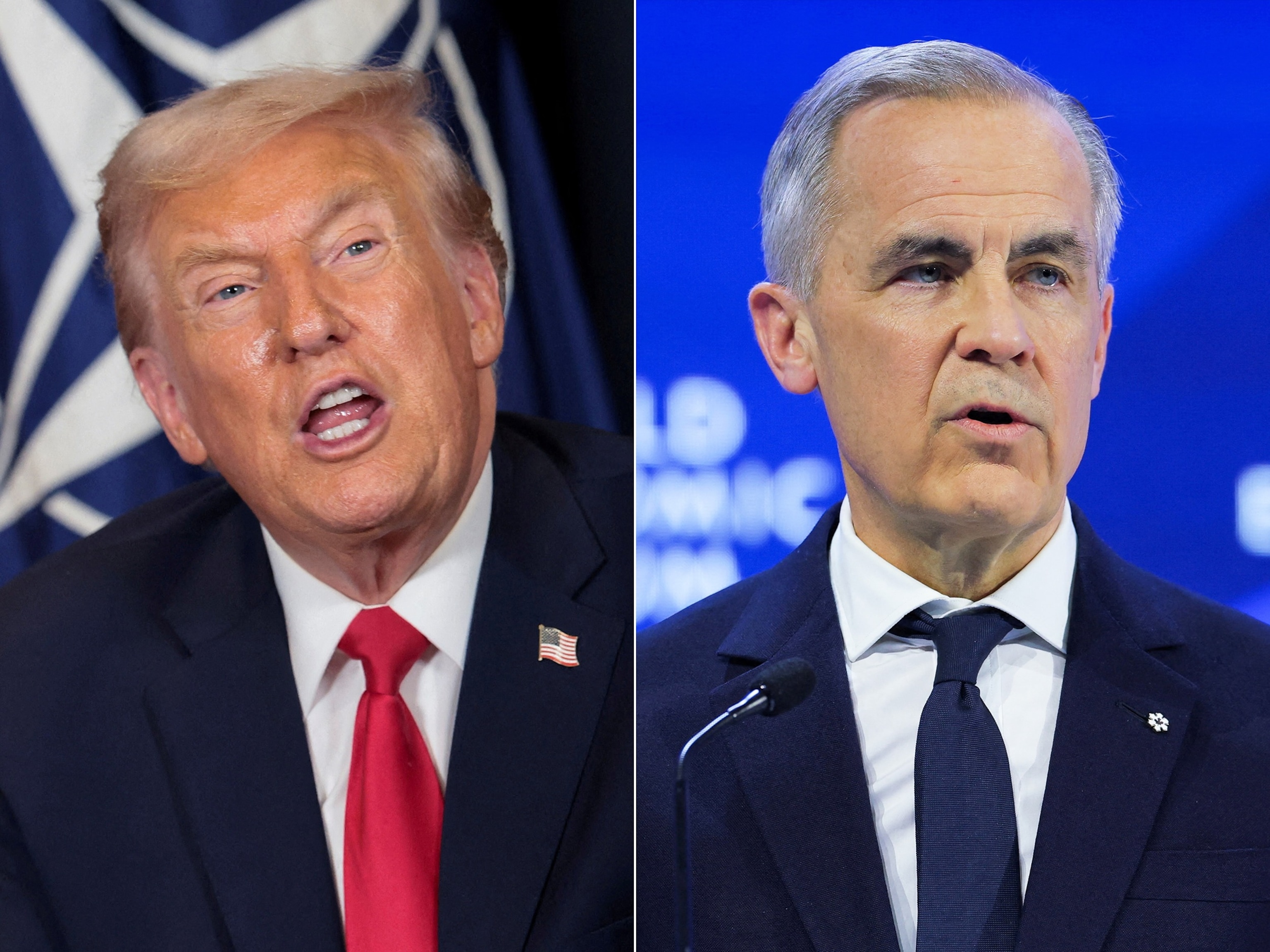 PHOTO: President Donald Trump speaks during a meeting at the WEF in Davos, Switzerland, Jan. 21, 2026. | Canada's Prime Minister Mark Carney speaks during the 56th annual World Economic Forum (WEF) meeting in Davos, Switzerland, Jan. 20, 2026.