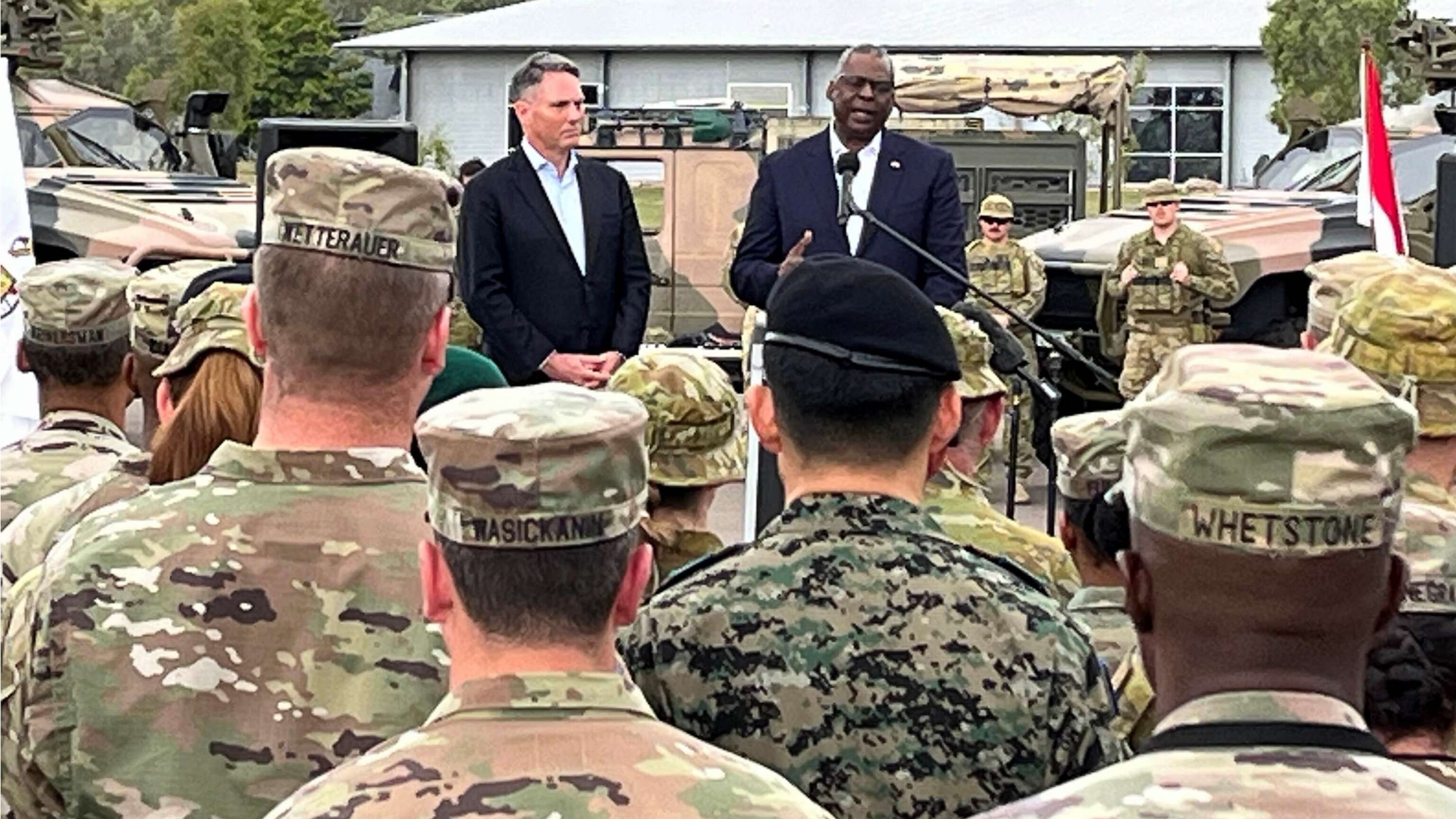 PHOTO: Defense Secretary Lloyd Austin addresses service members from the 13 countries participating in the Talisman Sabre exercise. Austin and Australia’s Deputy Prime Minister Richard Marles visited Lavarack Barracks in Townsville, Australia, July 30.