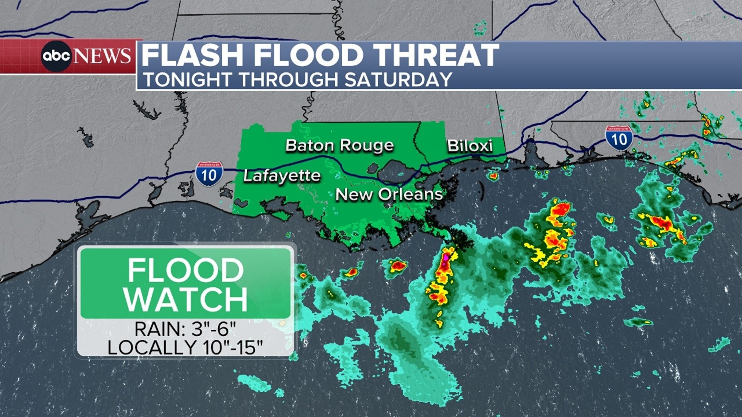 PHOTO: A Flood Watch is in effect for New Orleans, Baton Rouge, and Biloxi.