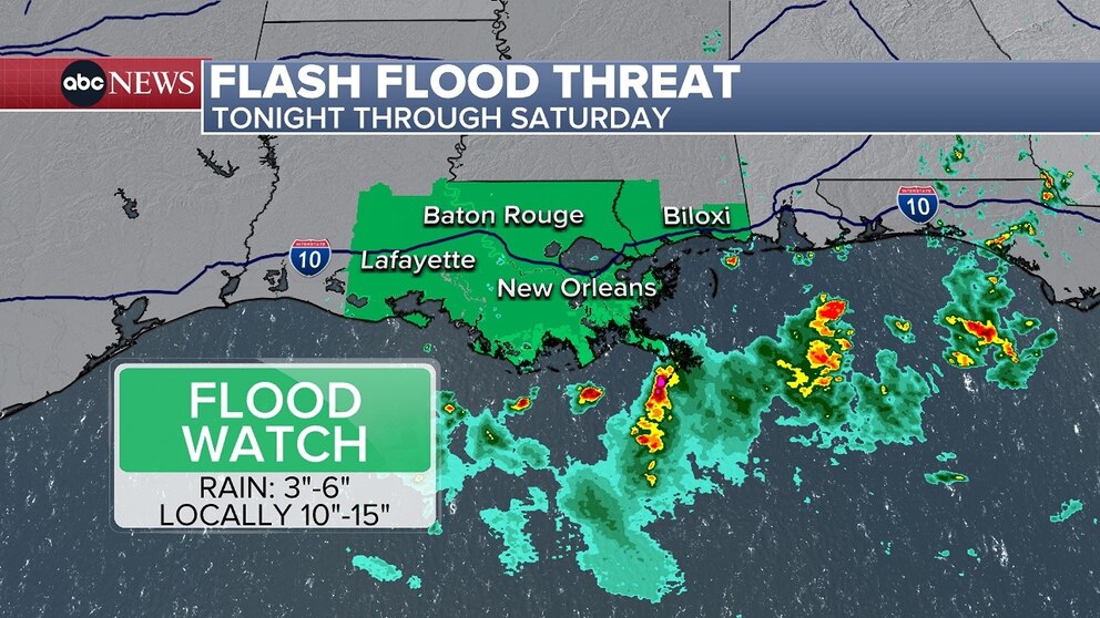 PHOTO: A Flood Watch is in effect for New Orleans, Baton Rouge, and Biloxi.