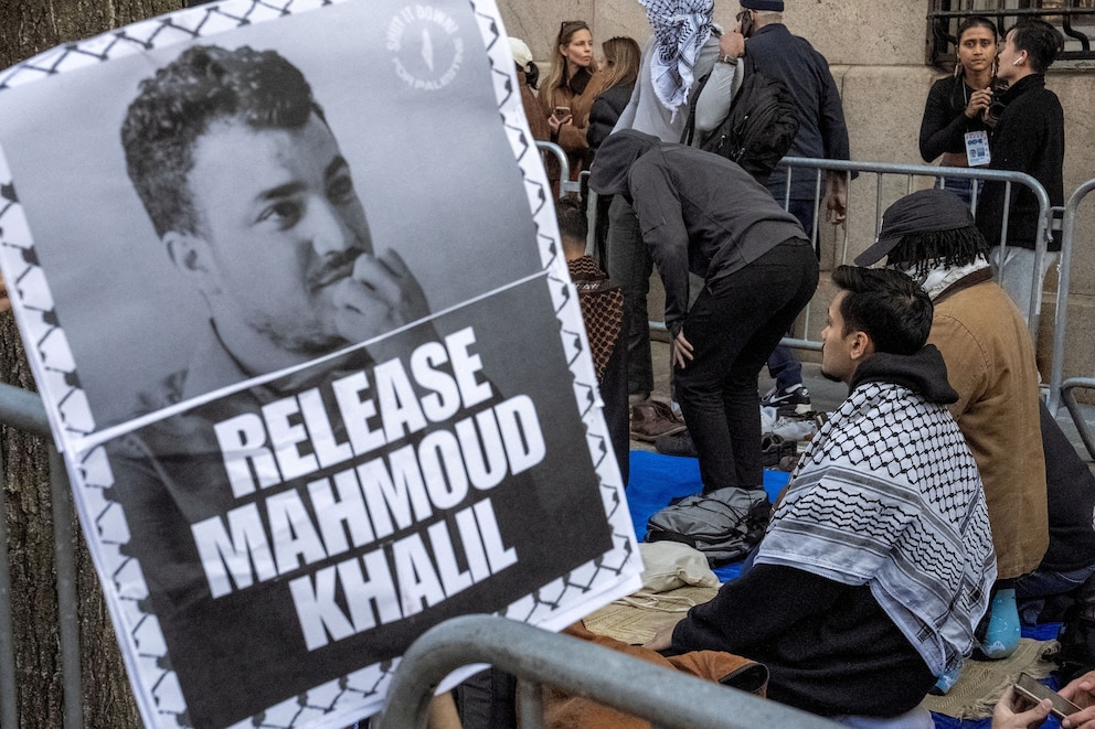PHOTO: Muslim protesters pray outside Columbia University during a demonstration to denounce the immigration arrest of Mahmoud Khalil, a pro-Palestinian activist who helped lead protests against Israel at the university, in New York City, March 14, 2025. 