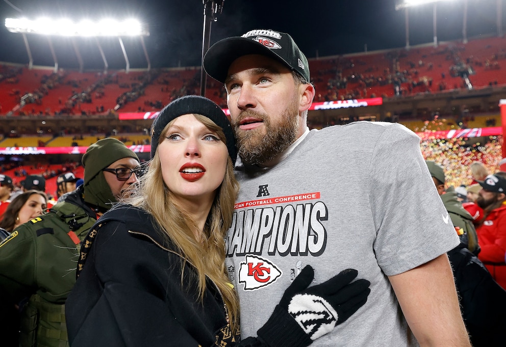 PHOTO: Taylor Swift celebrates with Travis Kelce of the Kansas City Chiefs after winning the AFC Championship game at Arrowhead Stadium, January 26, 2025 in Kansas City, Missouri. 