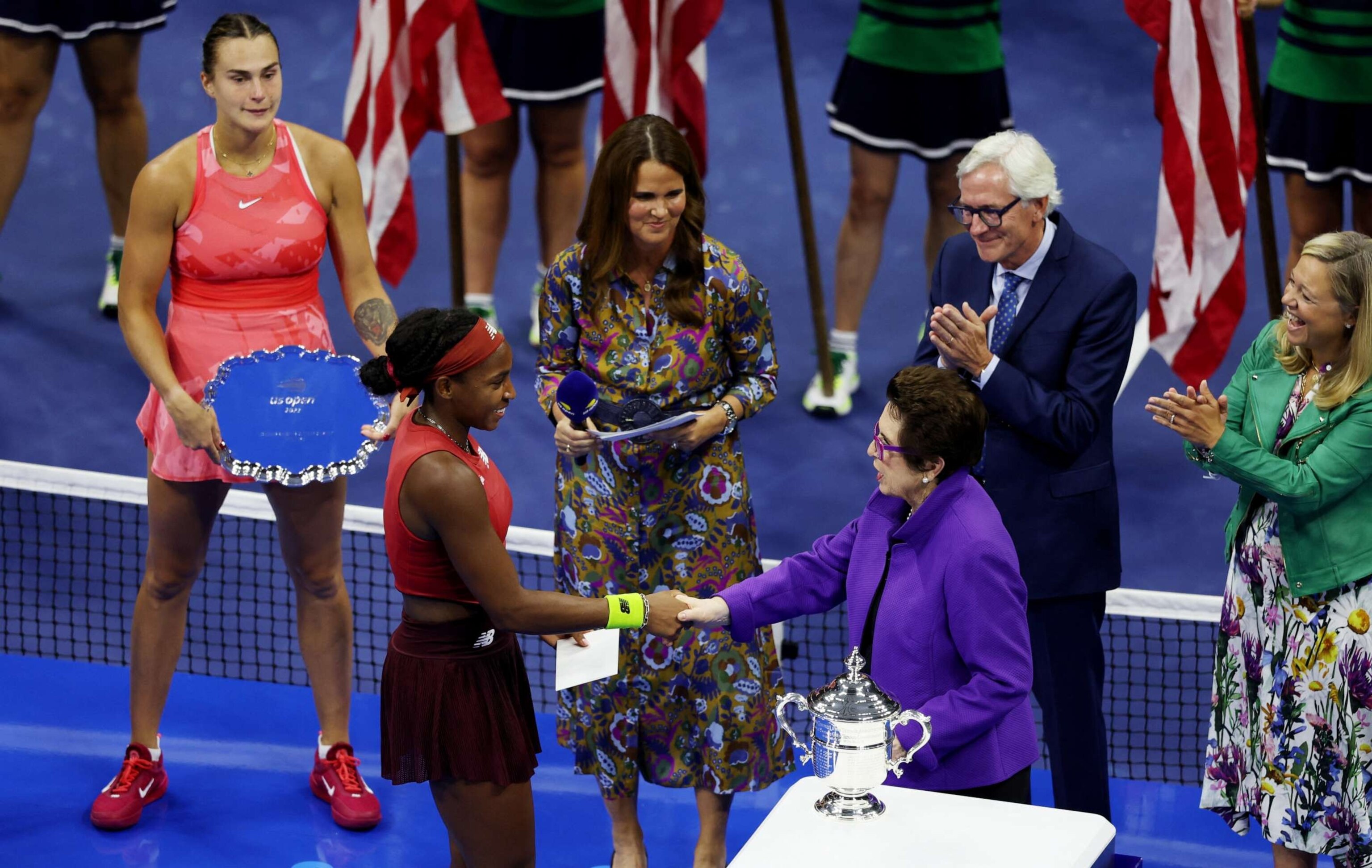 PHOTO: Coco Gauff of the U.S. is greeted by former tennis player Billie Jean King after winning the U.S. Open against Belarus' Aryna Sabalenka in Flushing Meadows, New York, on Sept. 9, 2023.